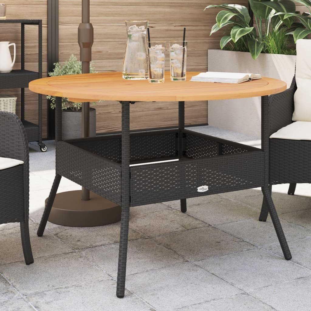 Walplus Poly Rattan Garden Table with Acacia Top - Black - 110 x 71 cm