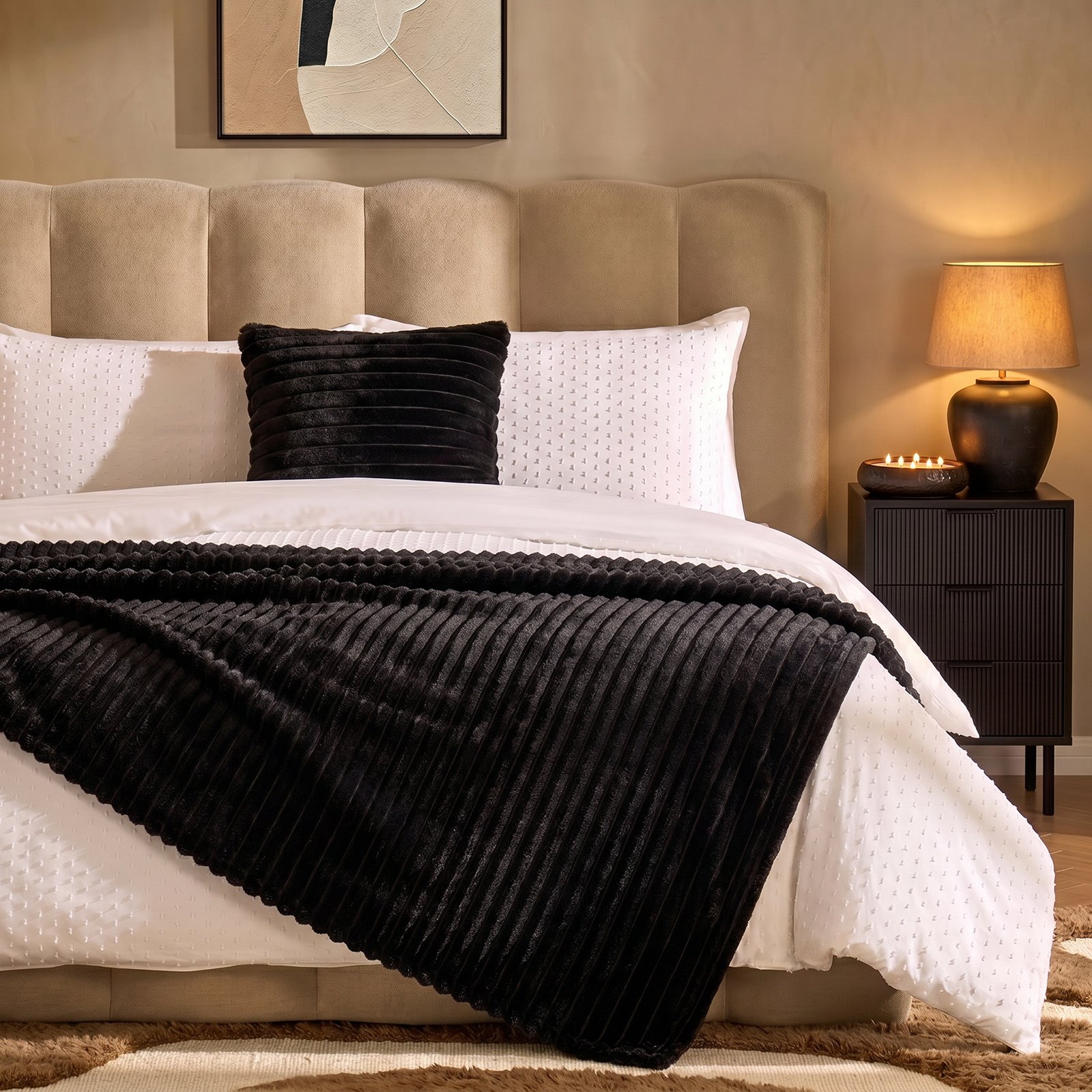 OHS Faux Fur Thick Rib Blanket Throw 150 x 200cm - Black