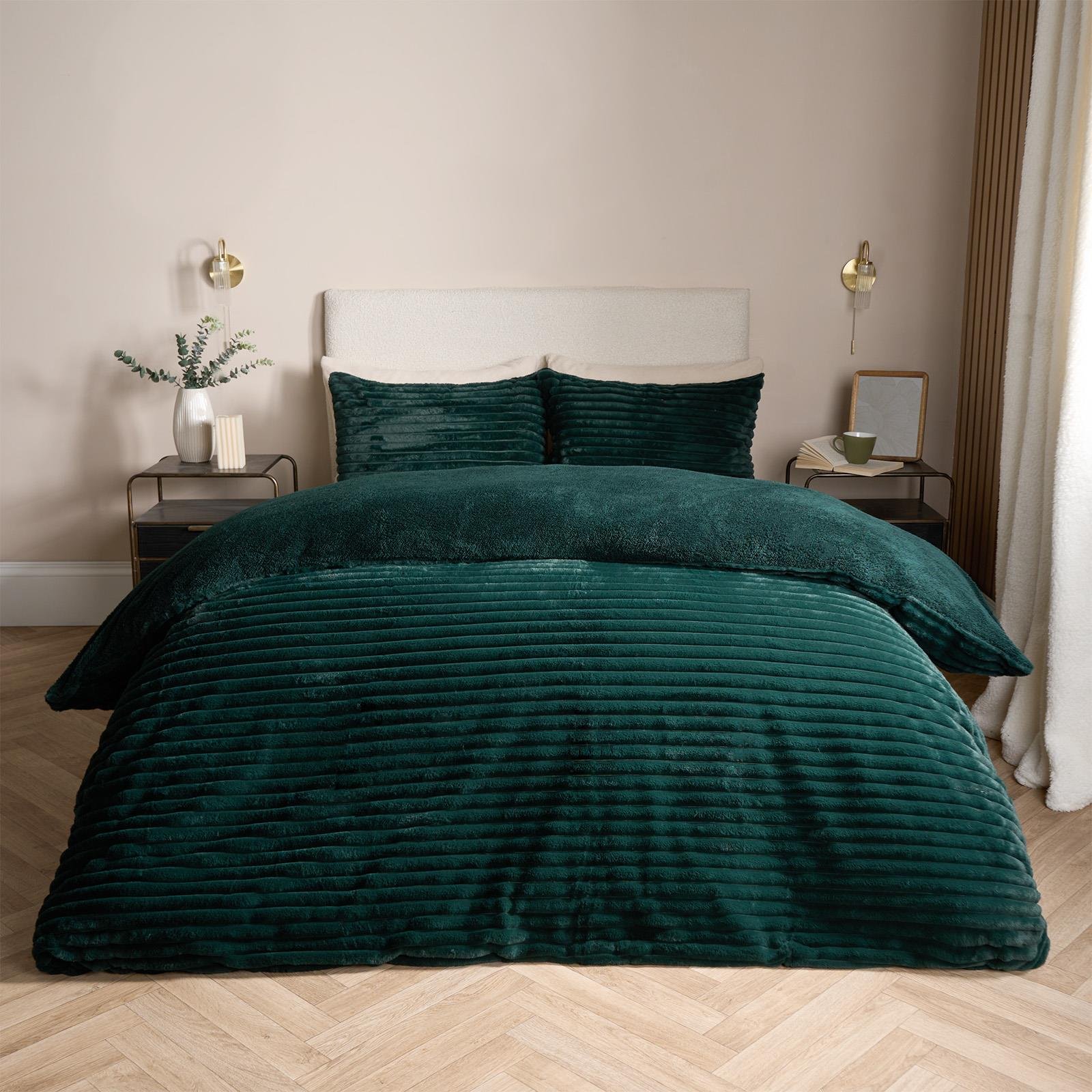 OHS Ribbed Duvet Cover Faux Fur Winter Warm Bedding Set Forest Green - King