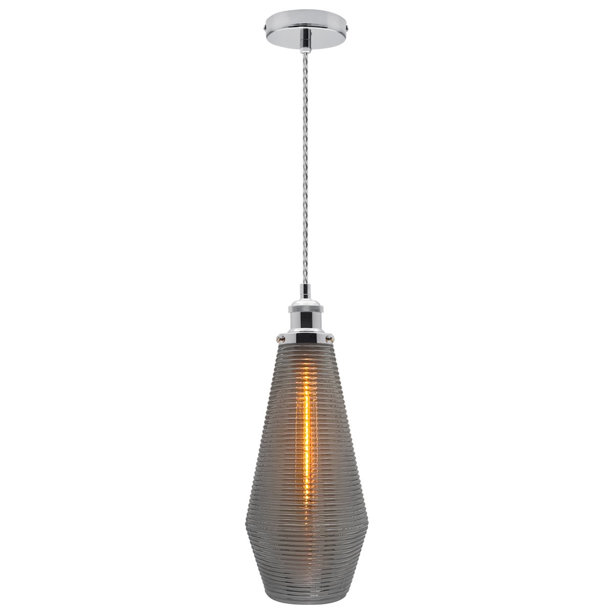 Energy Light Bulbs Smoked Ribbed Glass Ceiling Pendant Light - Grey