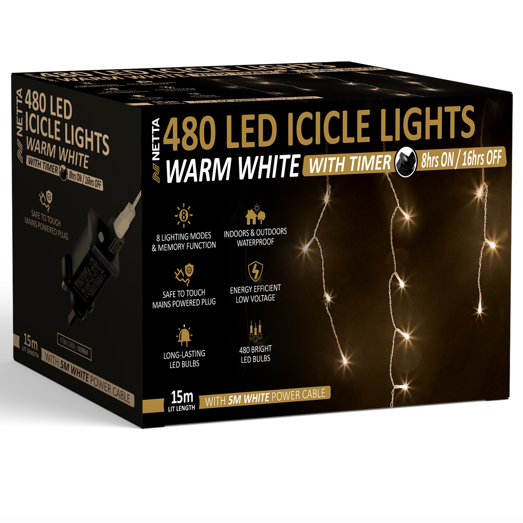 NETTA 15m 480 LED Outdoor Icicle Christmas Lights with Timer - Warm White