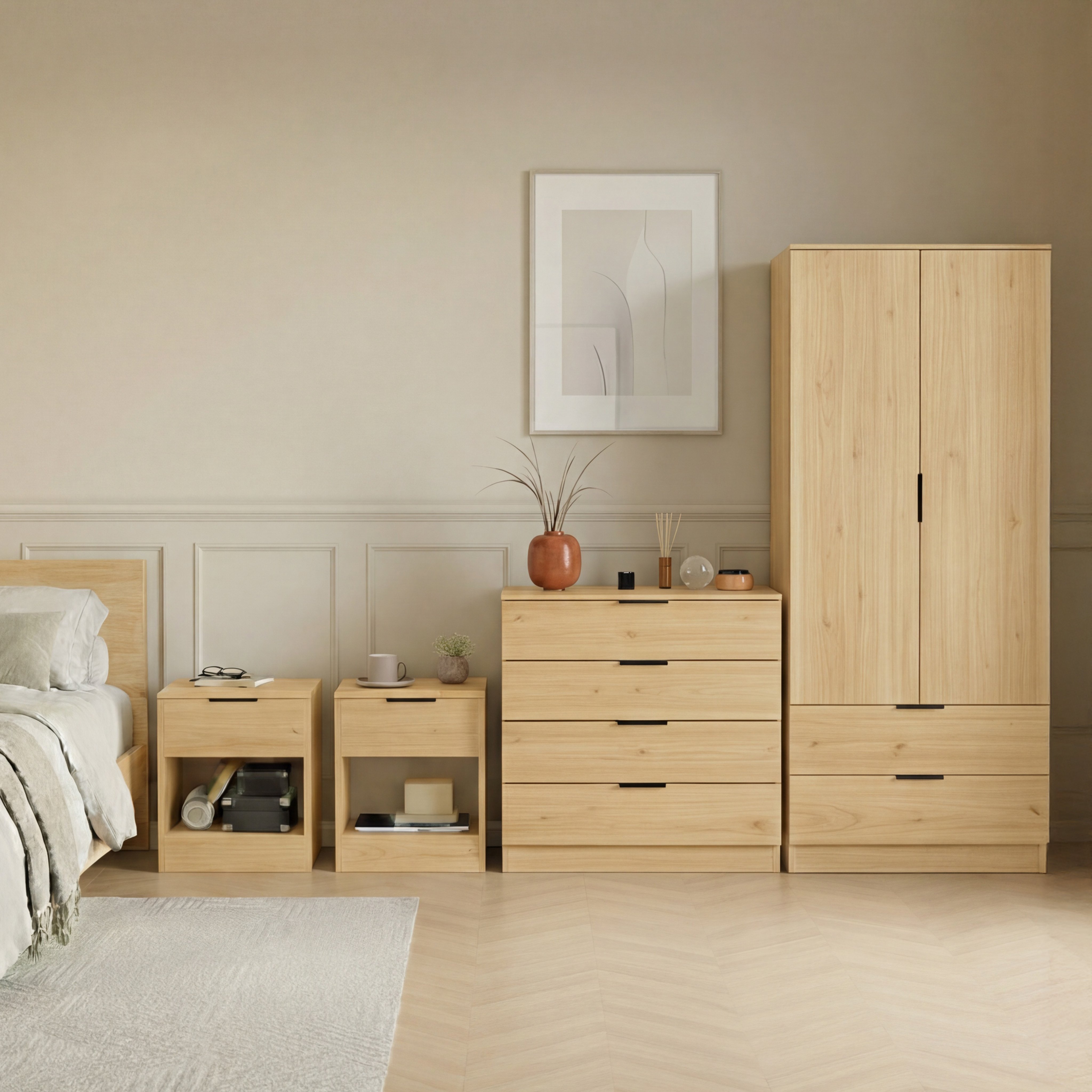 Vida Designs Trega Bedroom Set (Bedsides, 4 Drawer Chest, 2x2 Wardrobe) - Pine