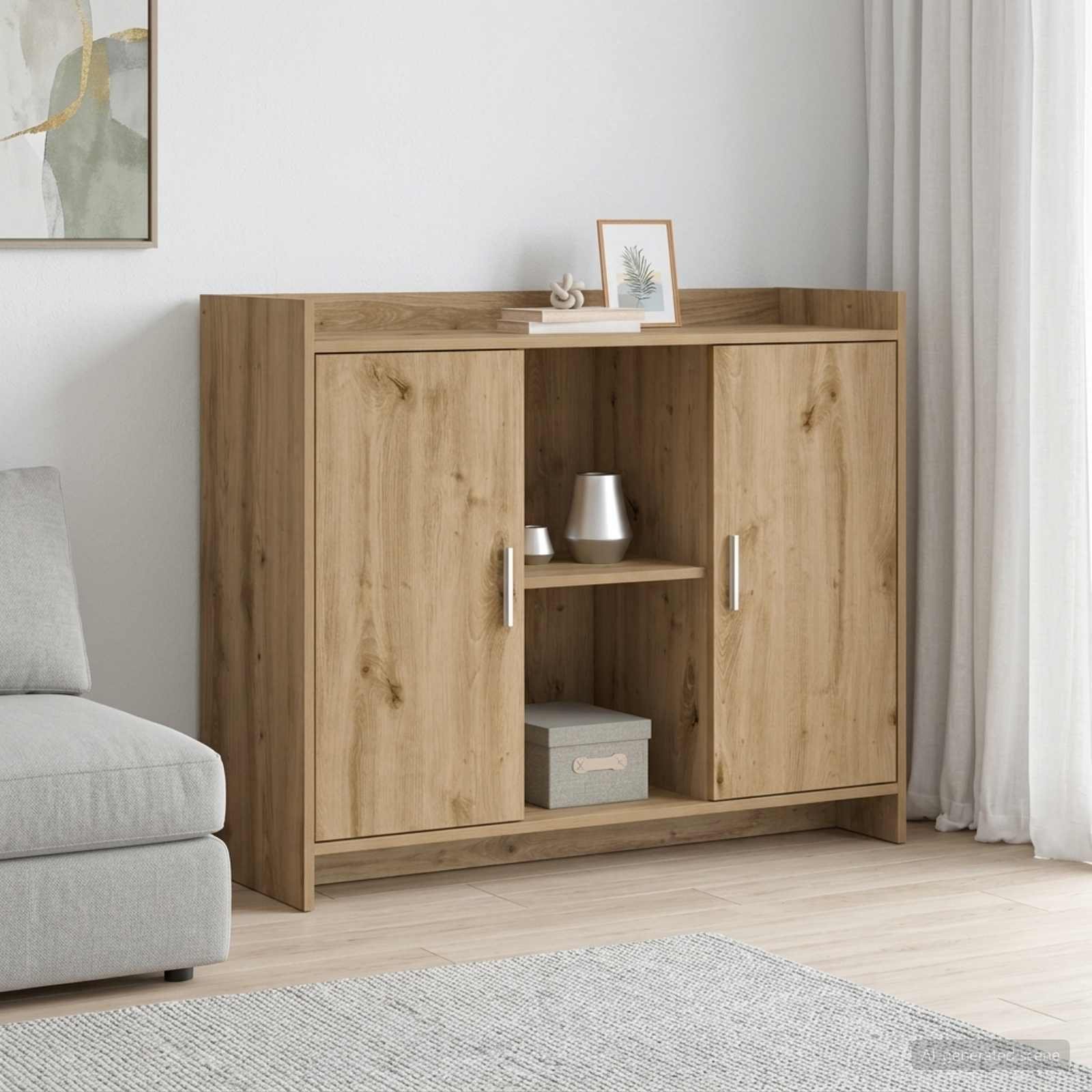 Walplus 2 Door Rectangular Sideboard Open Shelf - Brown - 98.5 x 33 x 80 cm
