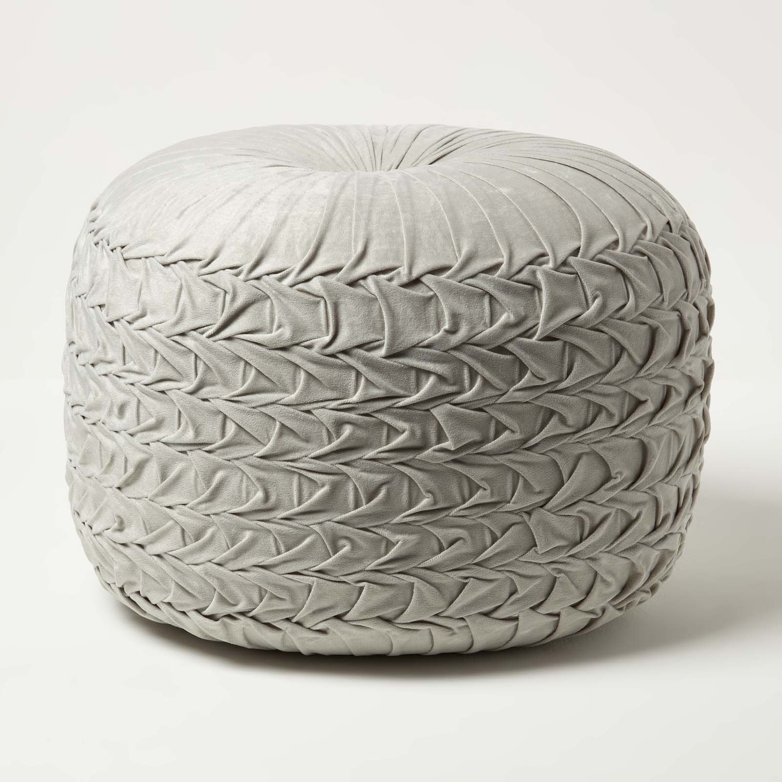Homescapes Grace Pleated Velvet Pouffe - Grey