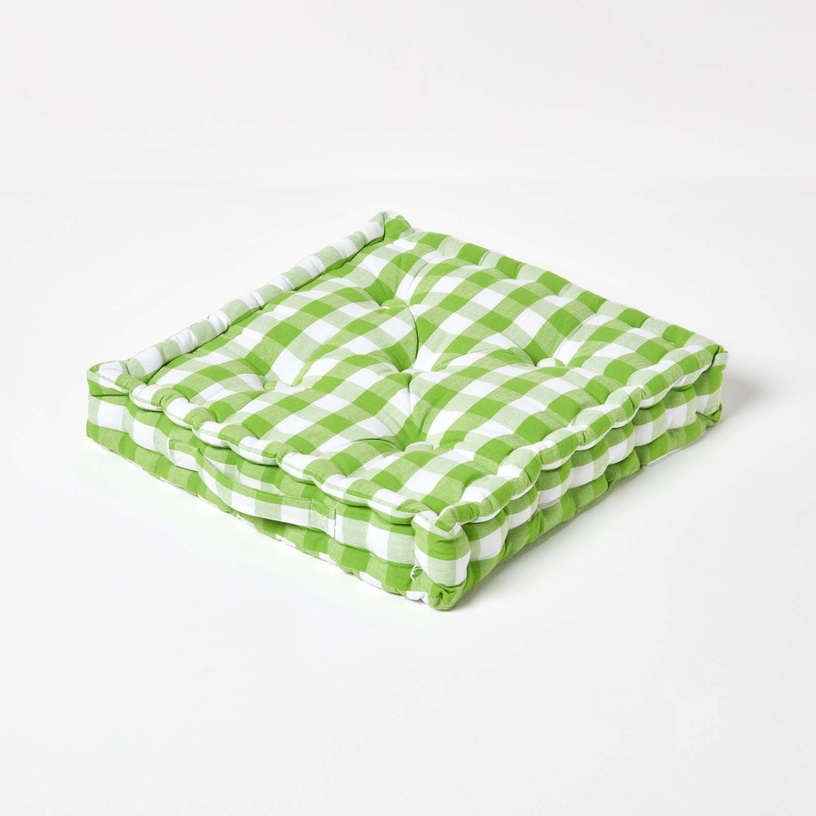 Homescapes Block Check Cotton Gingham Floor Cushion - 40 x 40 cm - Green