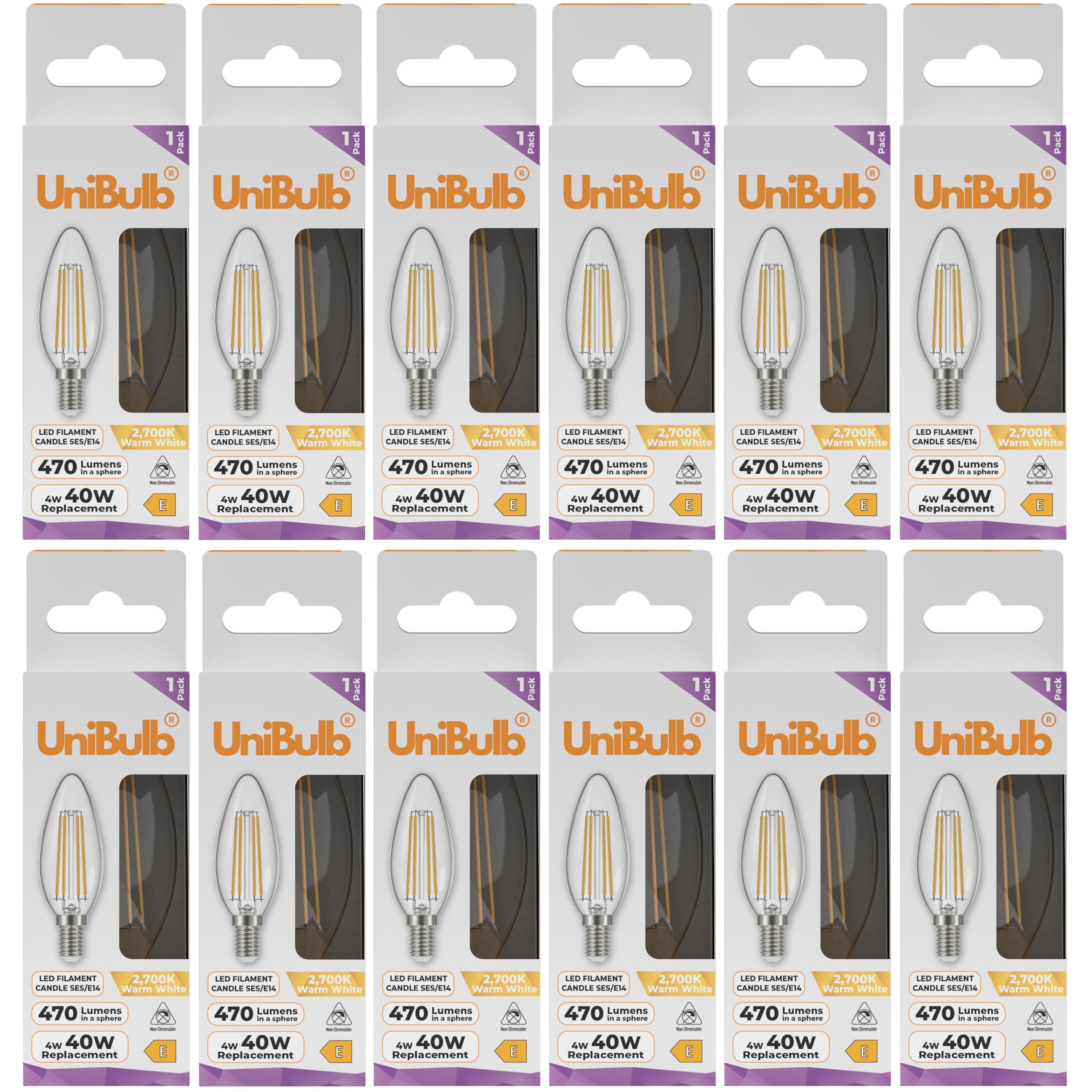 UniBulb 4W LED Warm White Filament Candle E14 Light Bulb - Pack of 12
