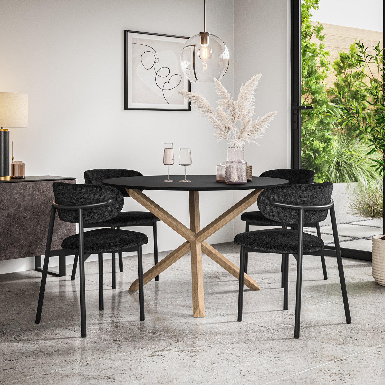 Furniture Online Malvern Round Black Dining Table & 6 Myla Black Chairs
