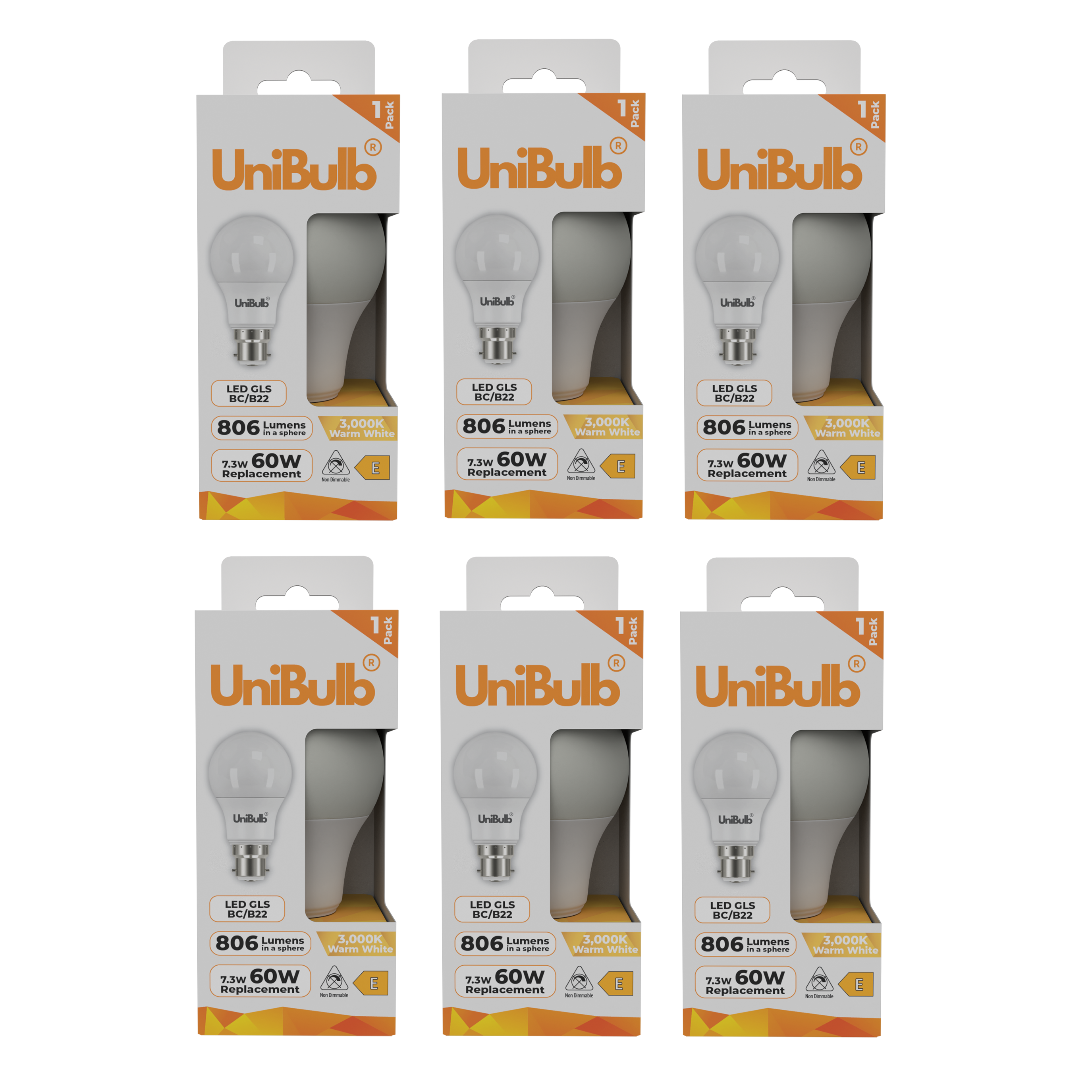 UniBulb 7.3W LED Warm White GLS B22 Light Bulb - Pack of 8