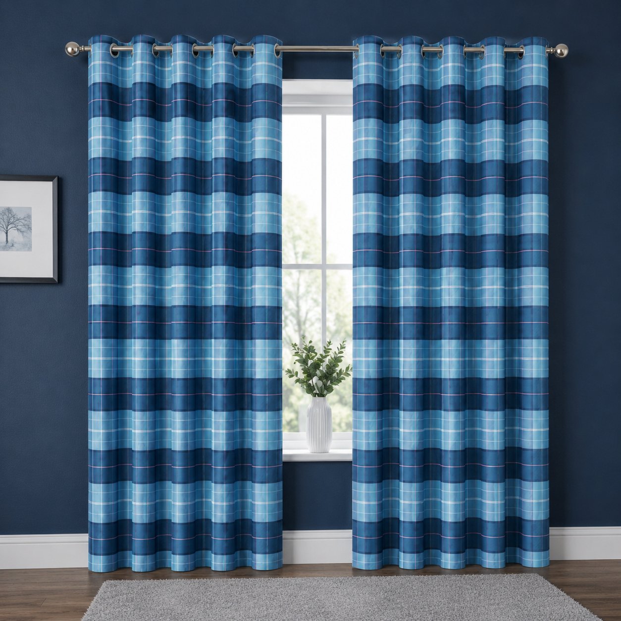 New Edge Blinds Teal Printed Check Eyelet Curtains - 167cm x 229cm