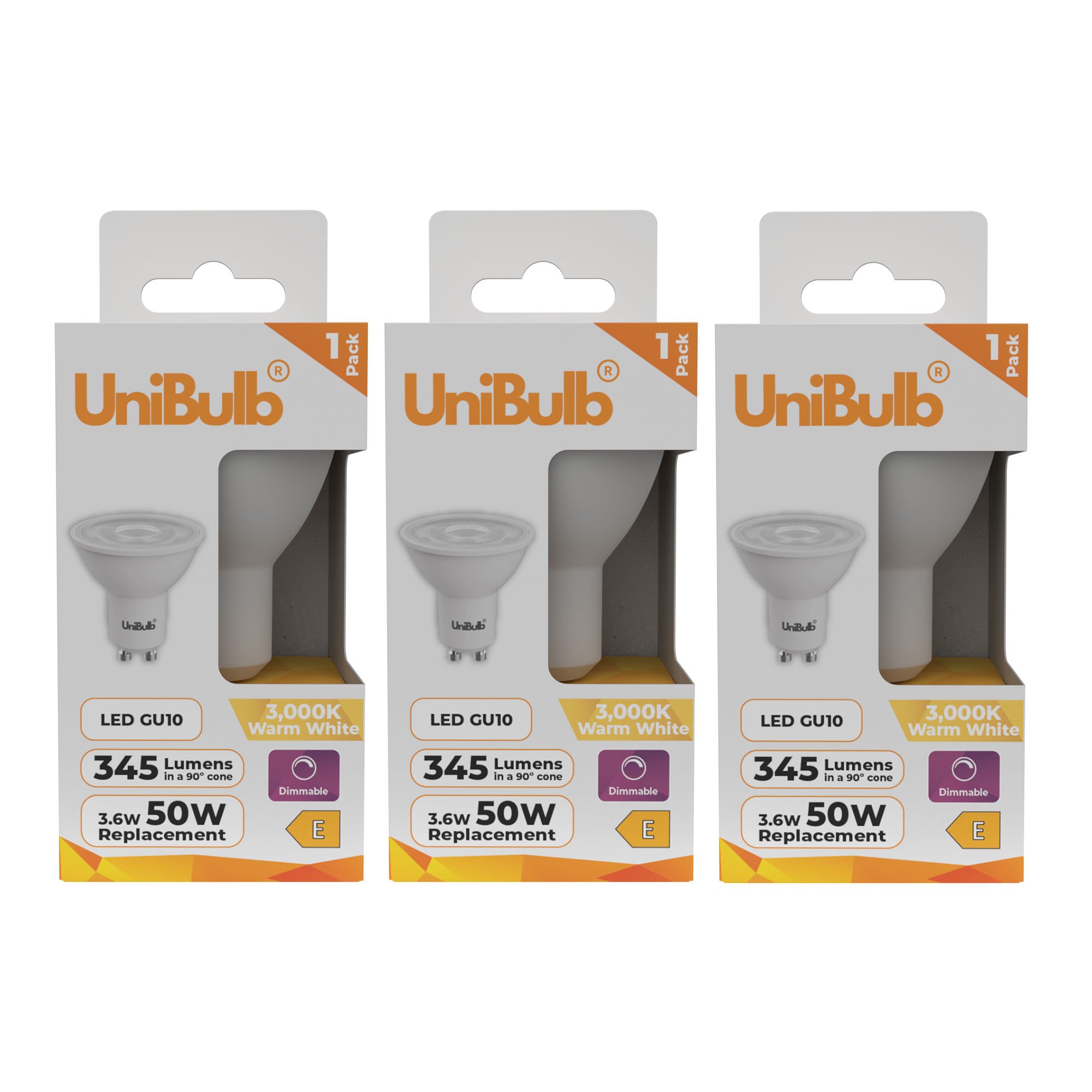 UniBulb 3.6W LED Warm White Dimmable Spotlight GU10 Light Bulb - Pack of 3