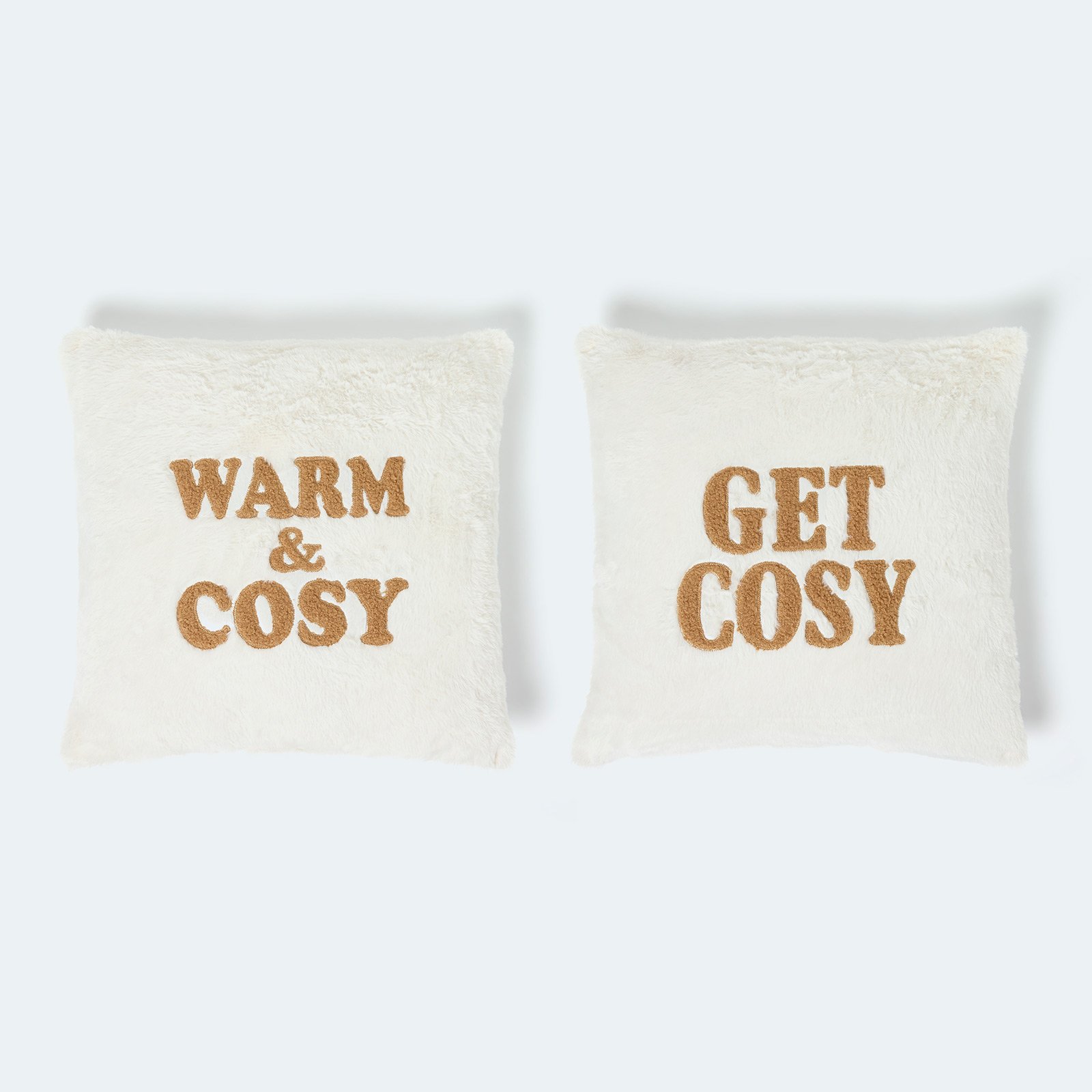 Homescapes Faux Fur Slogan Cushion Pair – Plush Embroidered Design