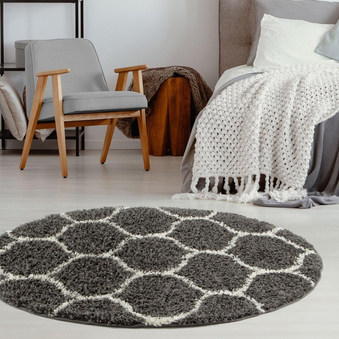 The Rugs Dark Grey Moroccan Shaggy Trellis Round Rug - 120cm