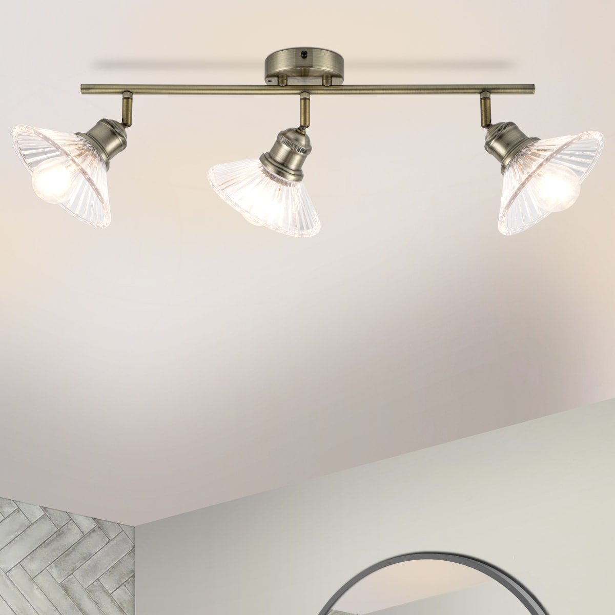 Cosylyte Milan Bathroom 3 Light Ribbed Glass Bar Spotlight - Antique Brass