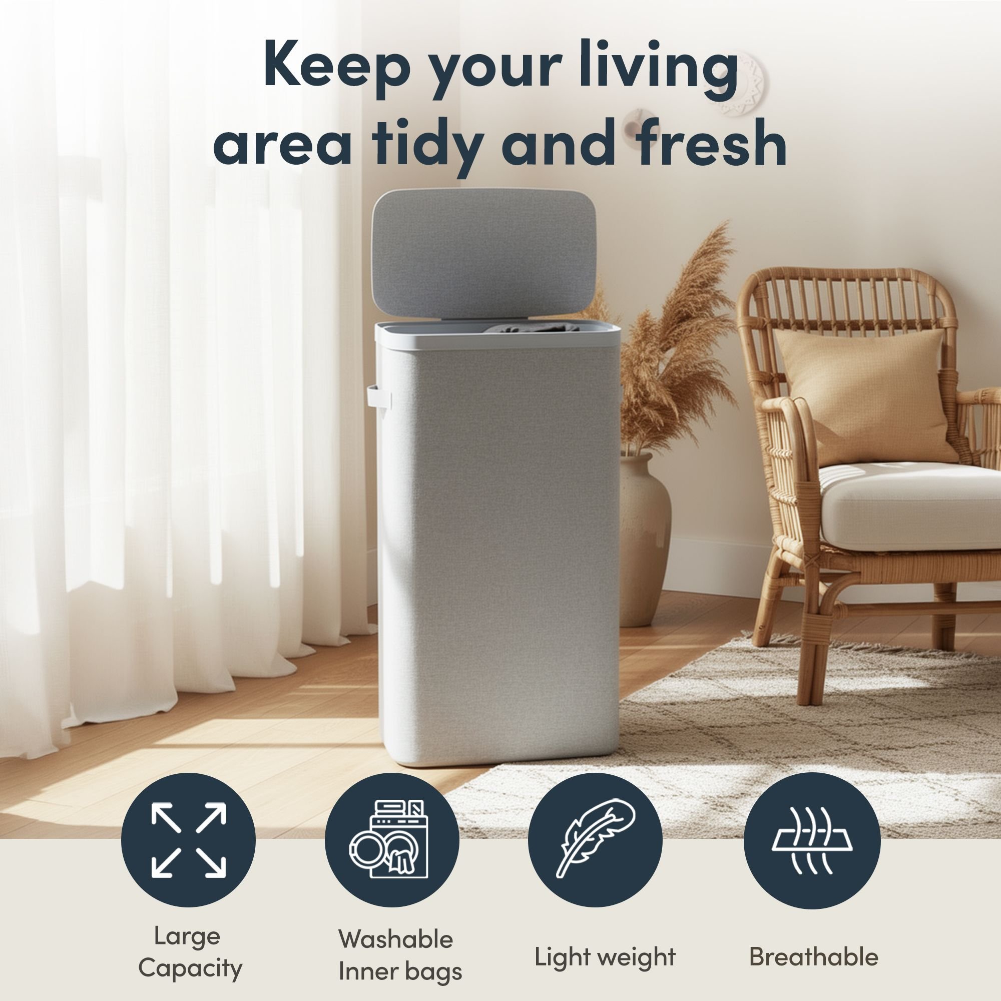 Keplin 55L Collapsible Fabric Lidded Slim Laundry Basket - Grey
