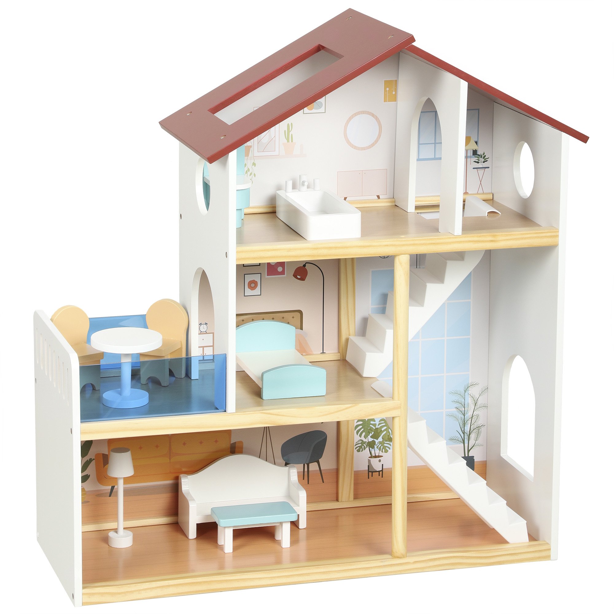 AIYAPLAY Age 3 Years Plus 3 Storey 5 Room 11 Accessory MDF Dolls House – White