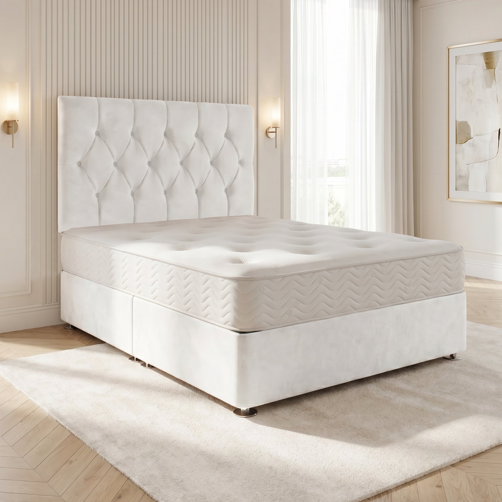 Somnior Chester Velvet Single Open Coil Divan Bed Set - White