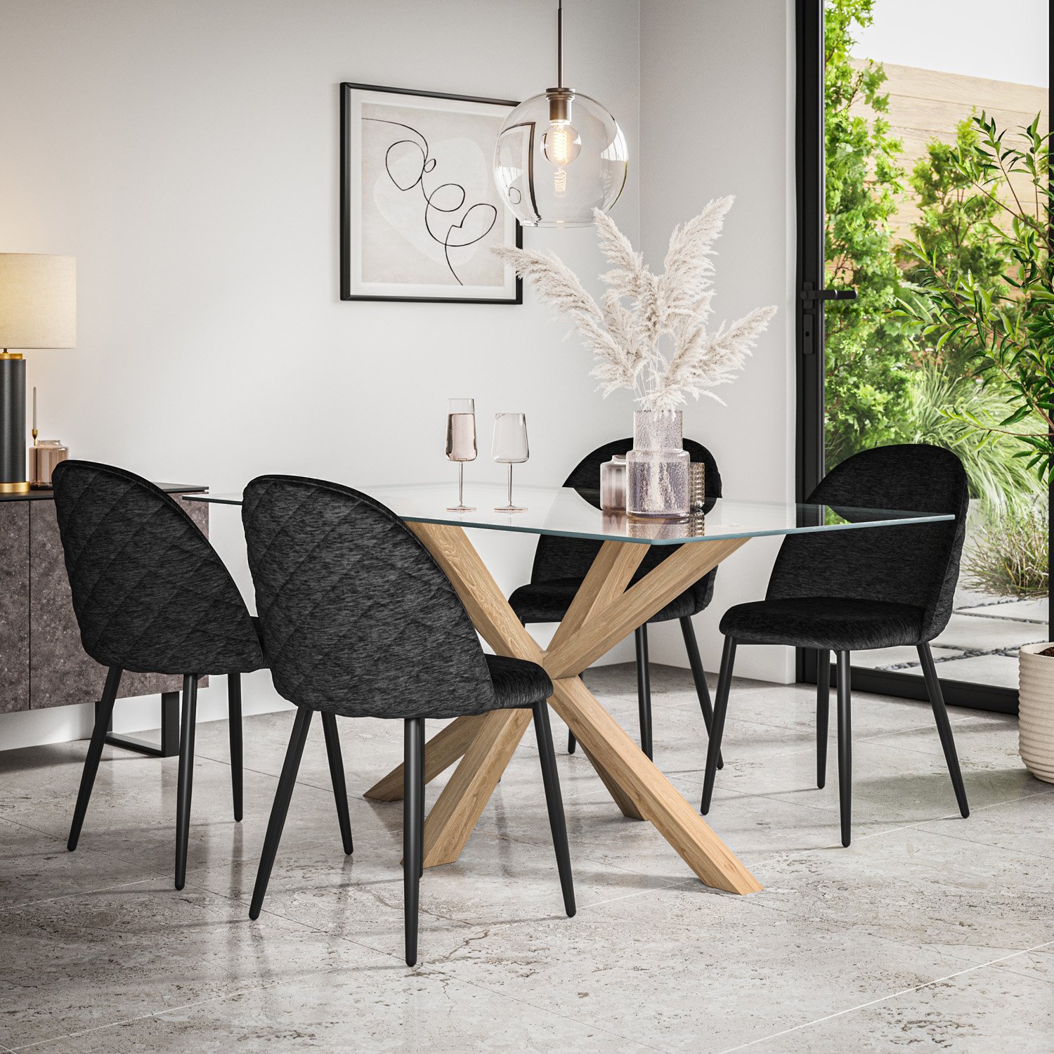 Furniture Online Etta Glass Dining Table & 6 Raye Black Chairs