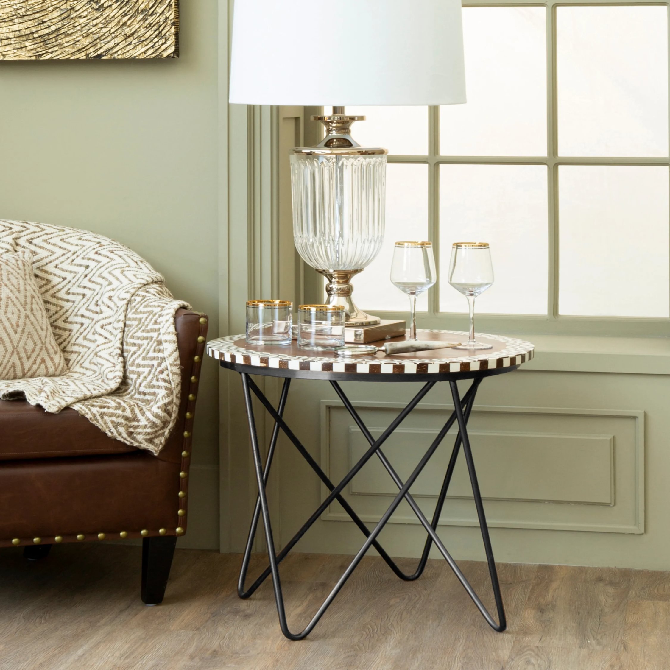 Orsina Artisan Acacia Wood Mosaic Edge Side Table - Natural