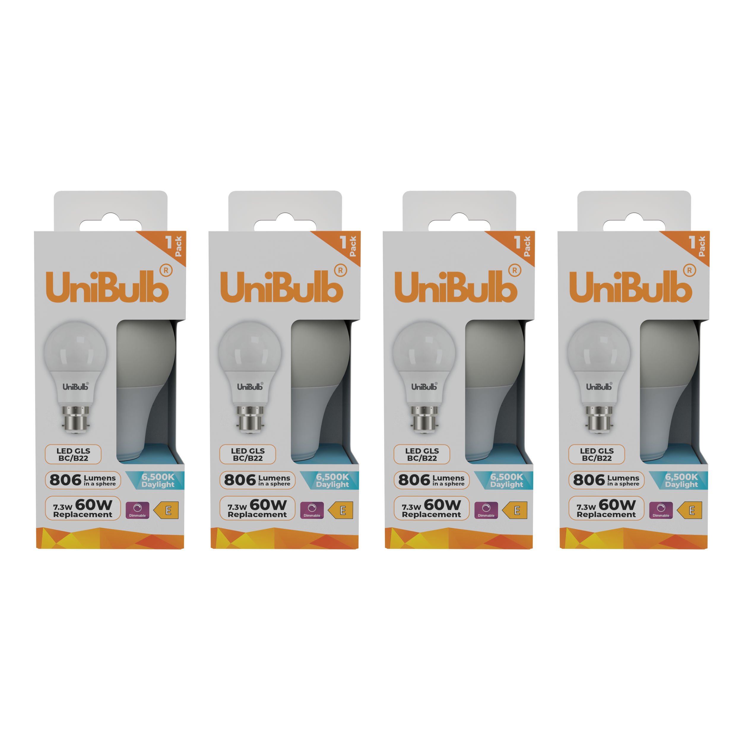 UniBulb 7.3W LED Daylight Dimmable GLS B22 Light Bulb - Pack of 4