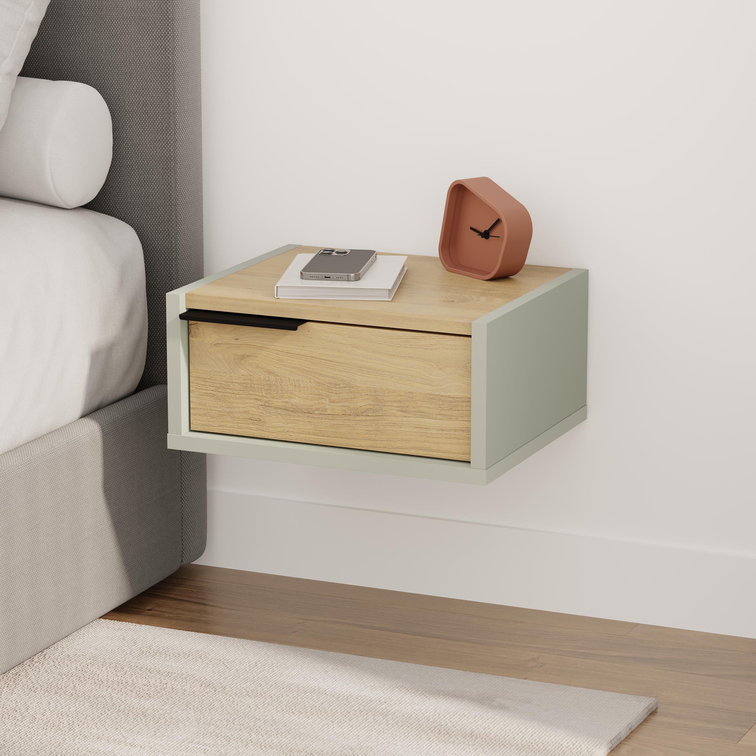 Decortie Eco Particleboard Wall-Mounted Bedside Shelf - Sage Green & Oak