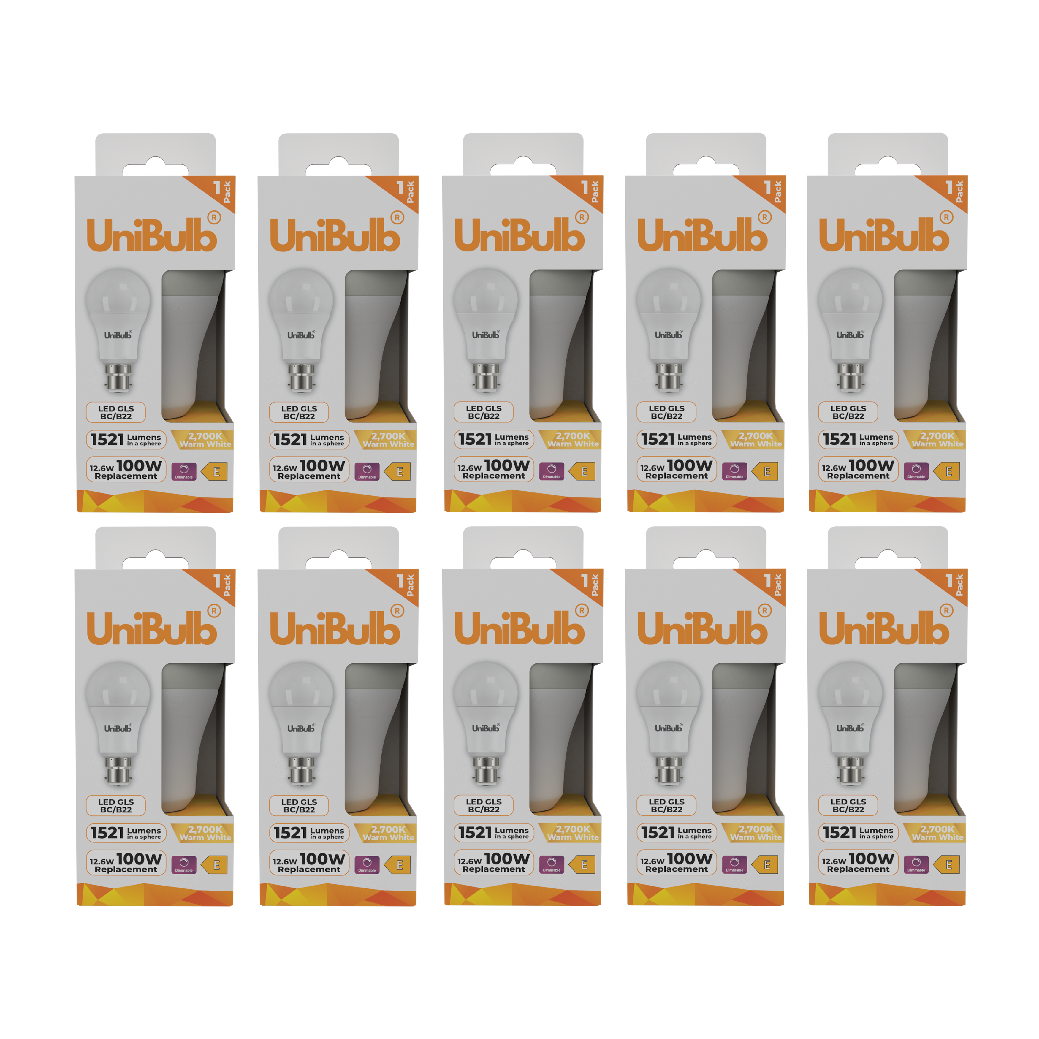 UniBulb 12.6W LED Warm White Dimmable GLS B22 Light Bulb - Pack of 10