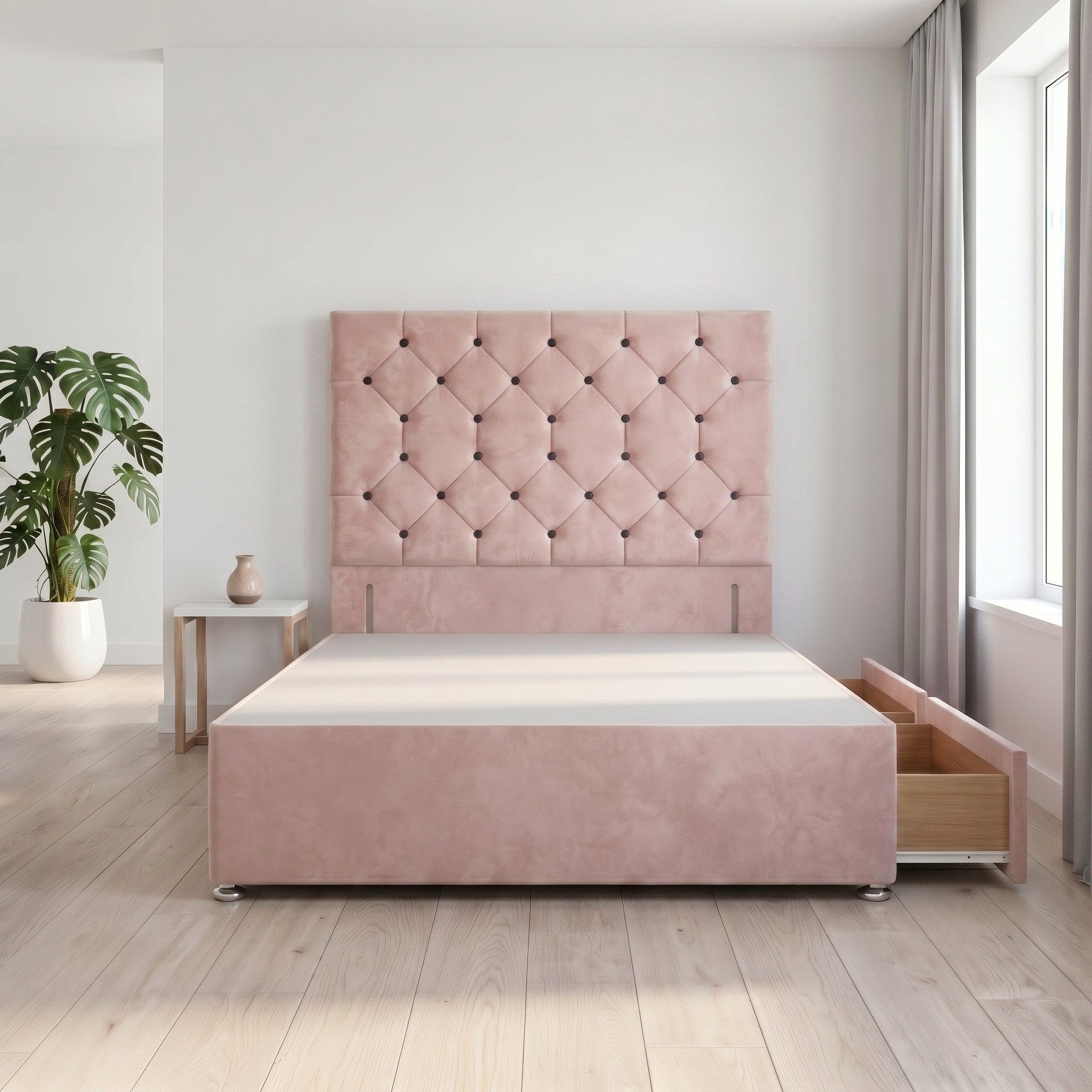 Somnior Diamante Velvet 2FT6 Small Single 2 Drawer Divan Bed Base - Pink
