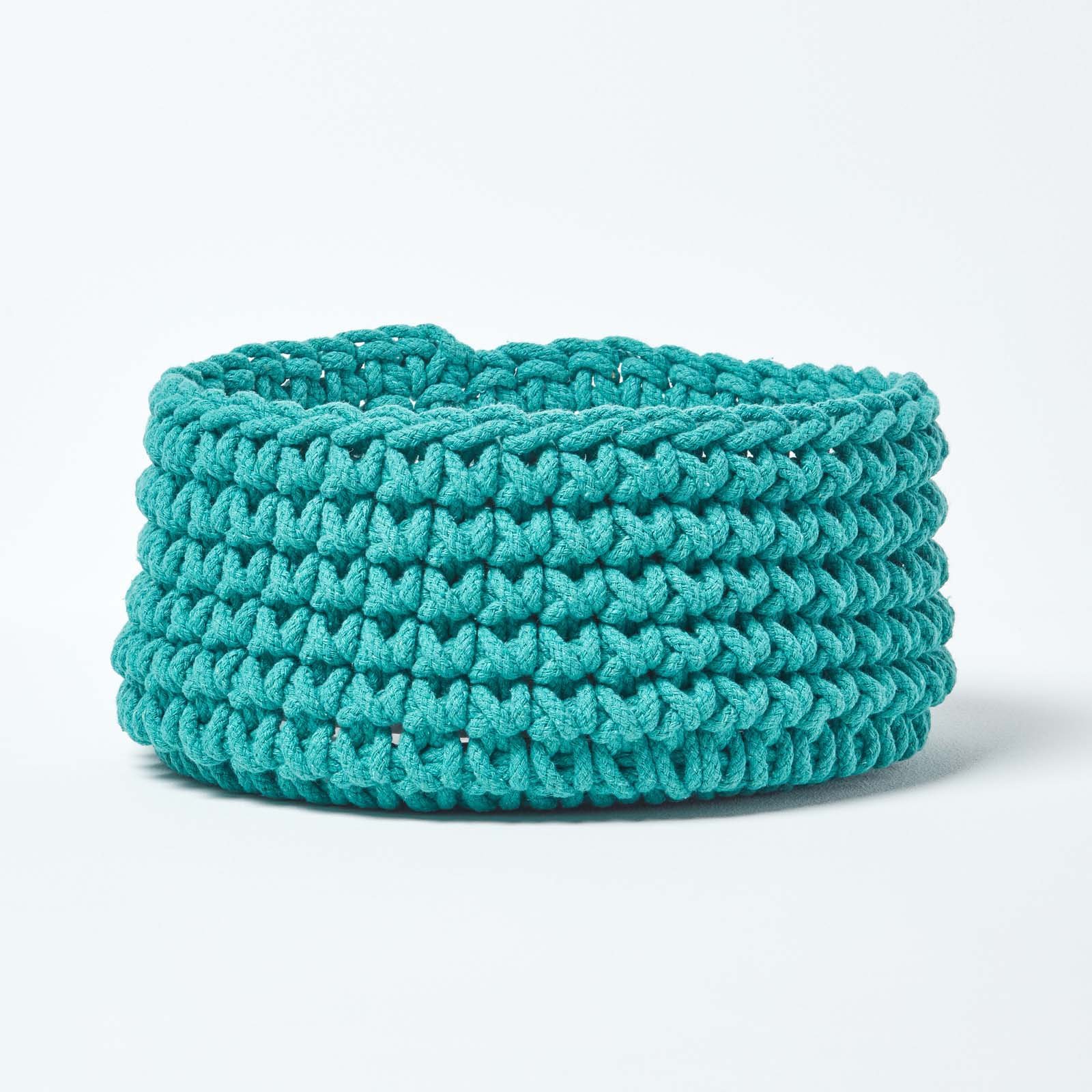 Homescapes Cotton Knitted Round Storage Basket - 37 × 21 cm - Teal Green