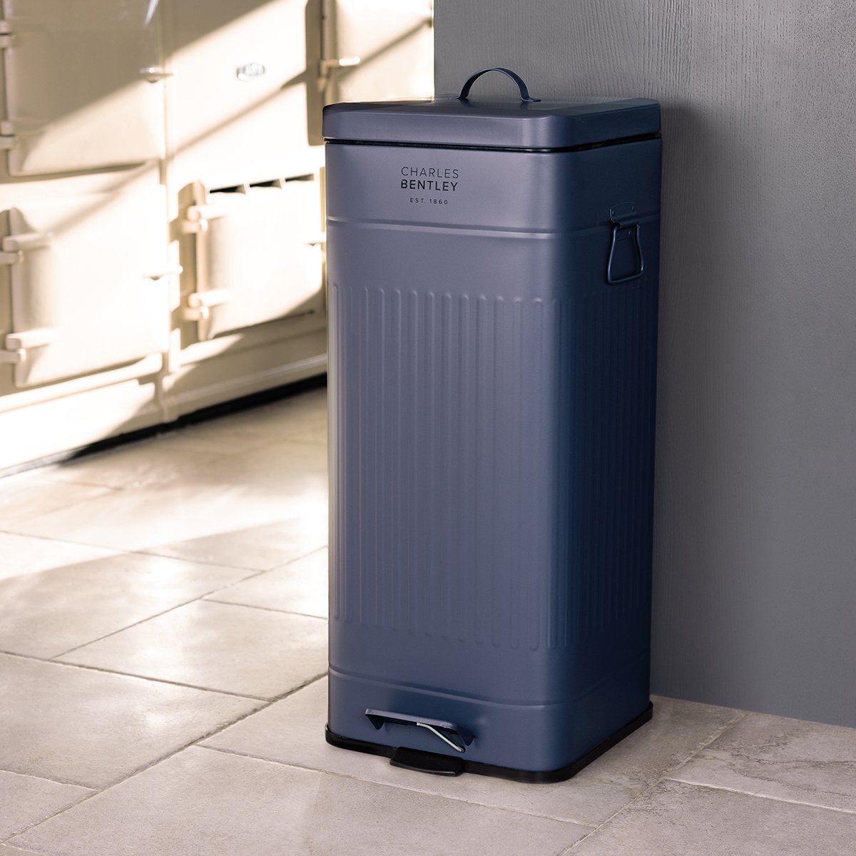 Charles Bentley 30L Steel Square Retro Kitchen Pedal Waste Bin - Dark Blue