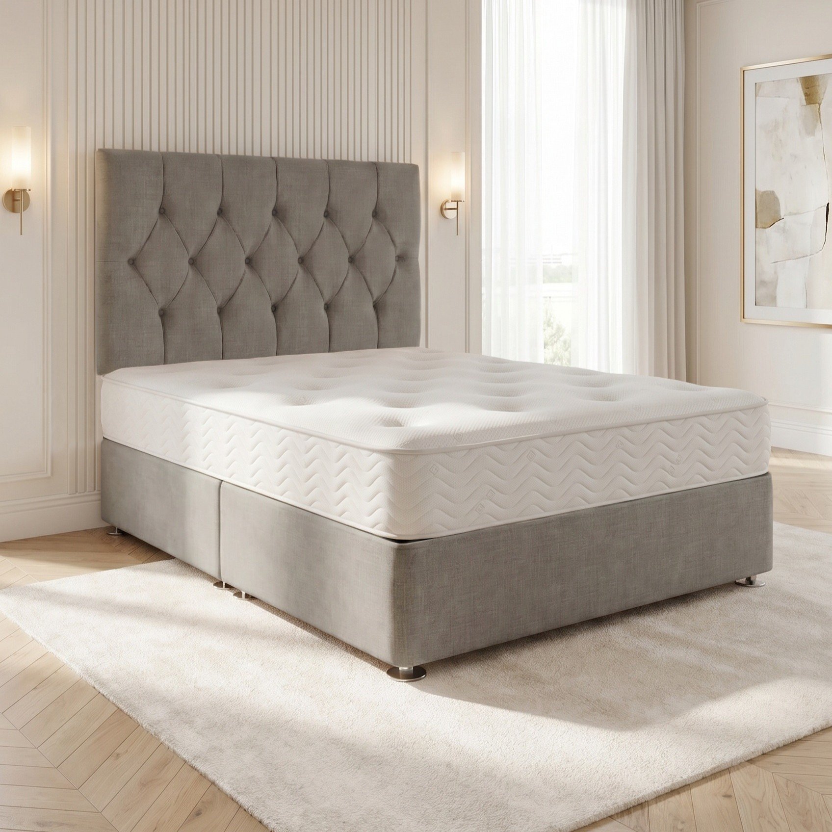 Somnior Chester Linen King Open Coil Divan Bed Set - Silver
