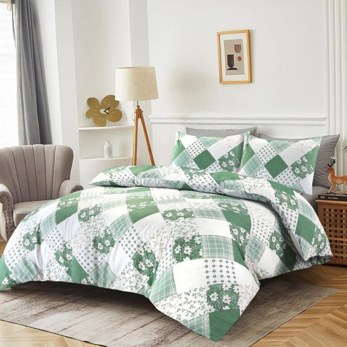 HomeSpace Direct Eloise Patchwork Green Duvet Cover Set - Double