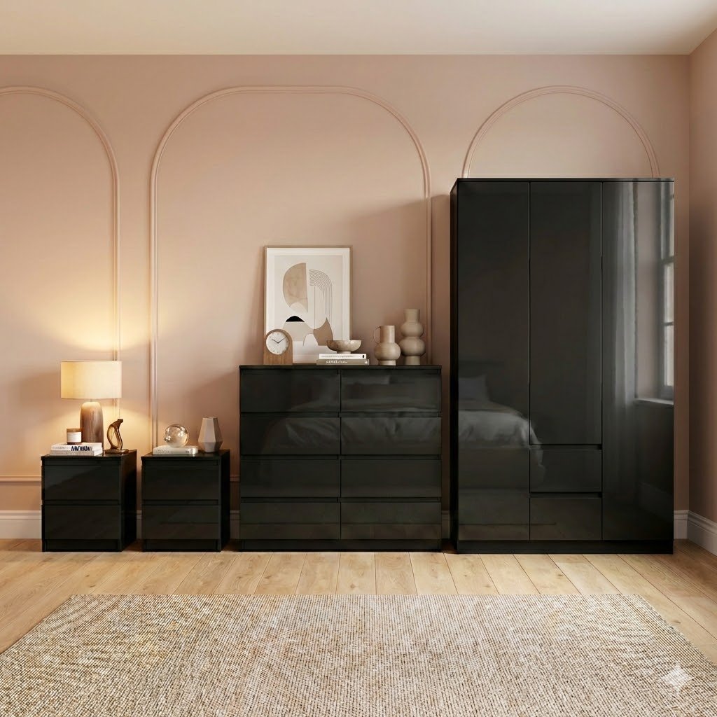 Vida Designs Glinton Bedroom Set (2x Bedside, 8 Drawer Chest, Wardrobe) - Black