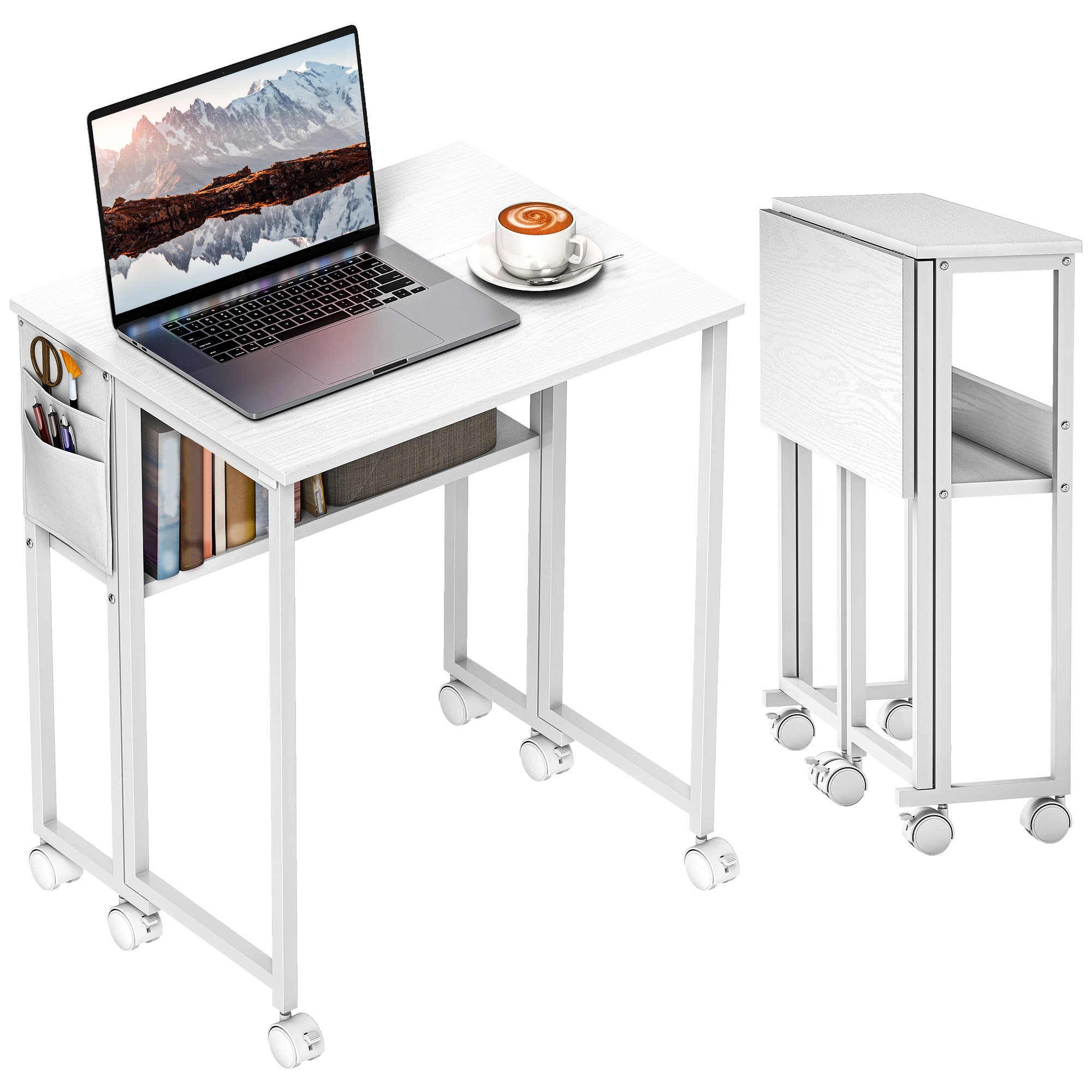 HOMCOM Foldable Office Desk with Wheels - White