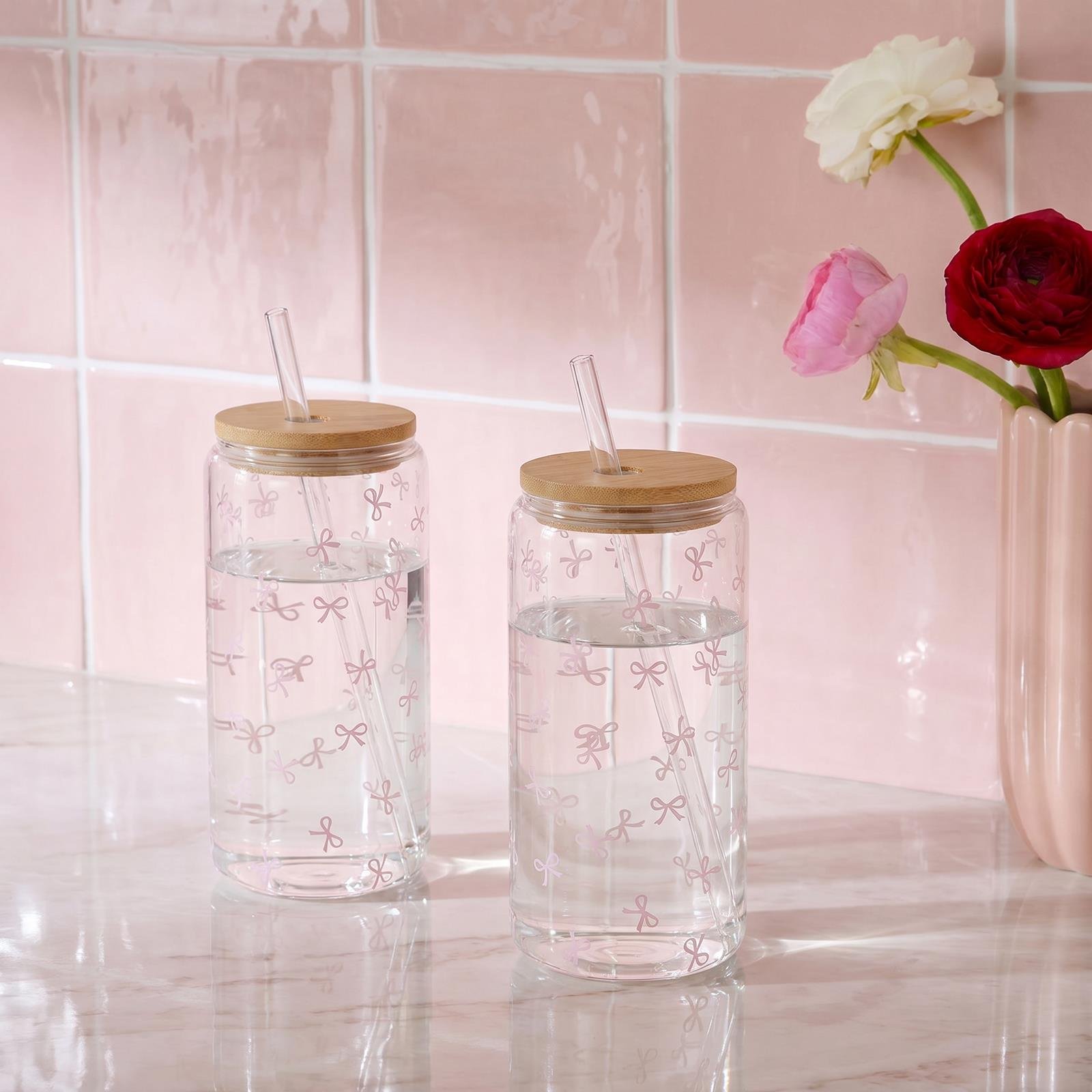 OHS Bow Print Plastic Drinking Jars with Bamboo Lids - 2 Pack