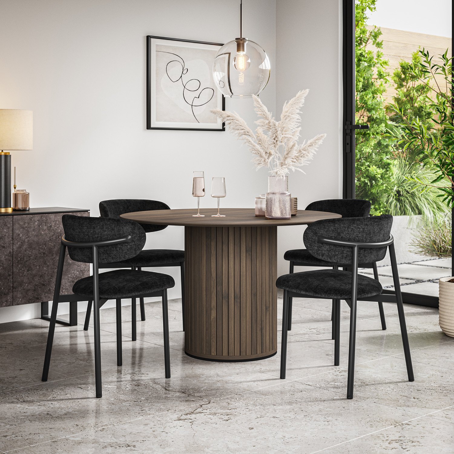 Furniture Online Arlo Myla Walnut Top w Wal Legs Dining Table & 6 Black Chairs