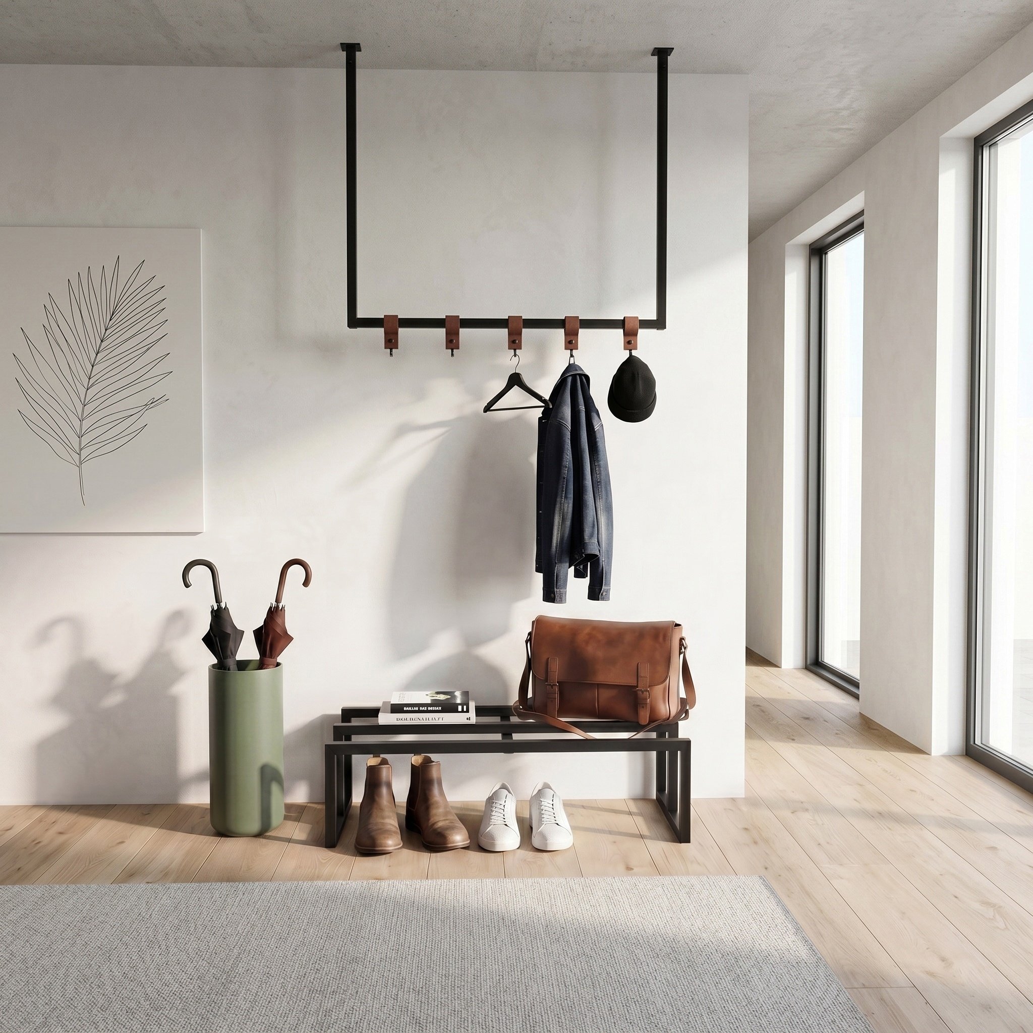 Decortie Roya Metal Hallway Coat Rack & Shoe Bench Set - Black