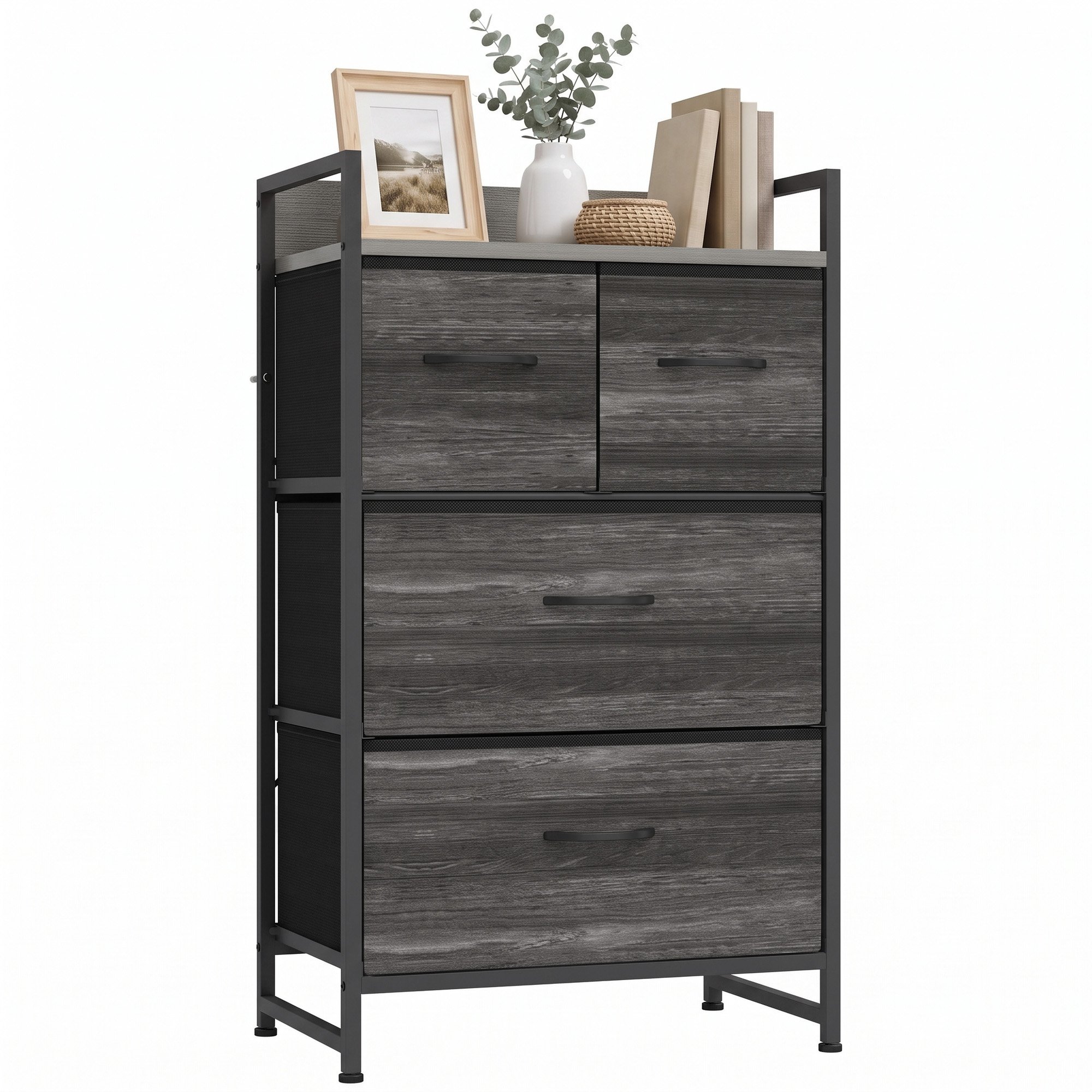 HOMCOM 4 Drawer Fabric Open Shelf Chest of Drawers – Grey Wood Effect