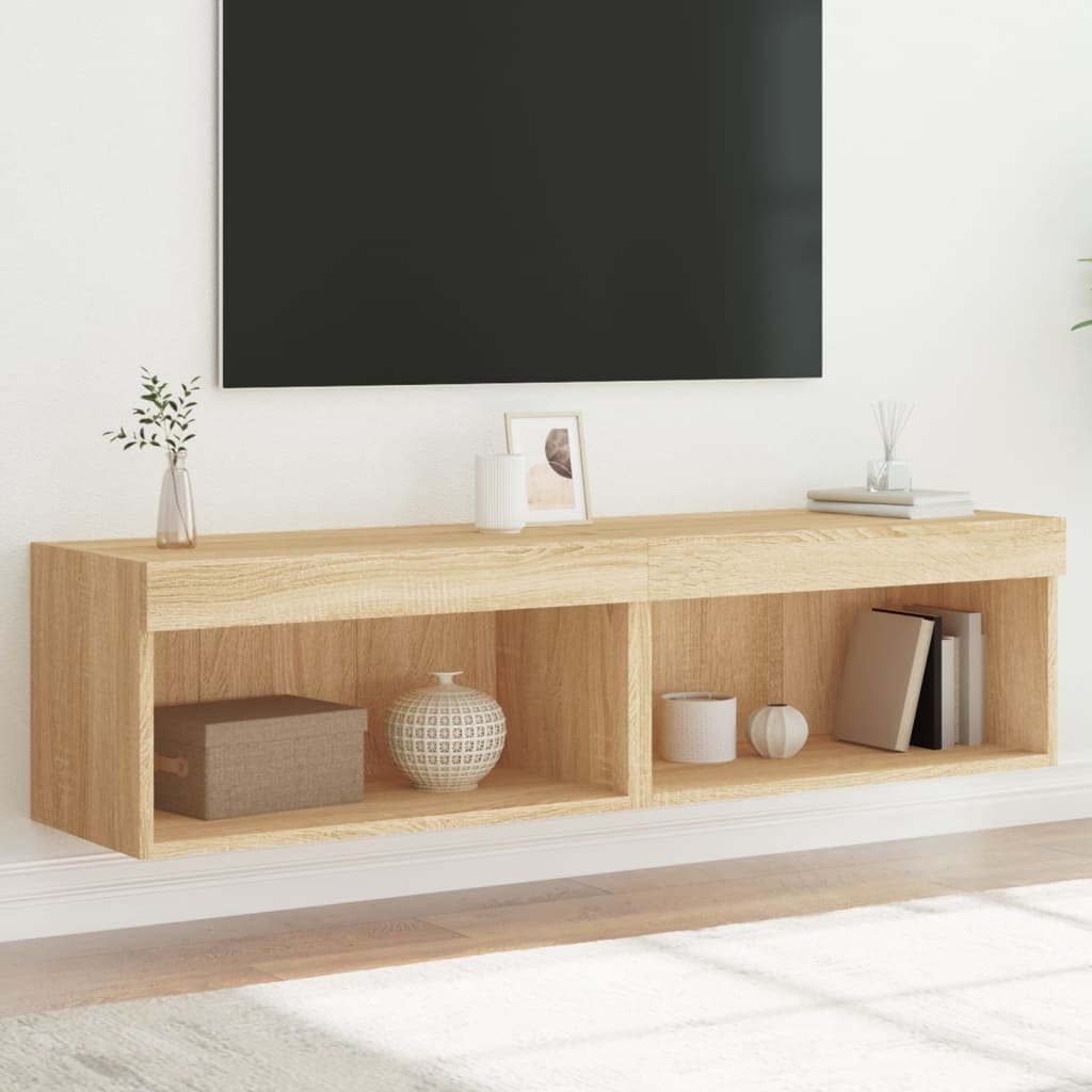 Walplus Pack of 2 LED Engineered Wood TV Cabinet - Light Oak - 60 x 30 x 30 cm