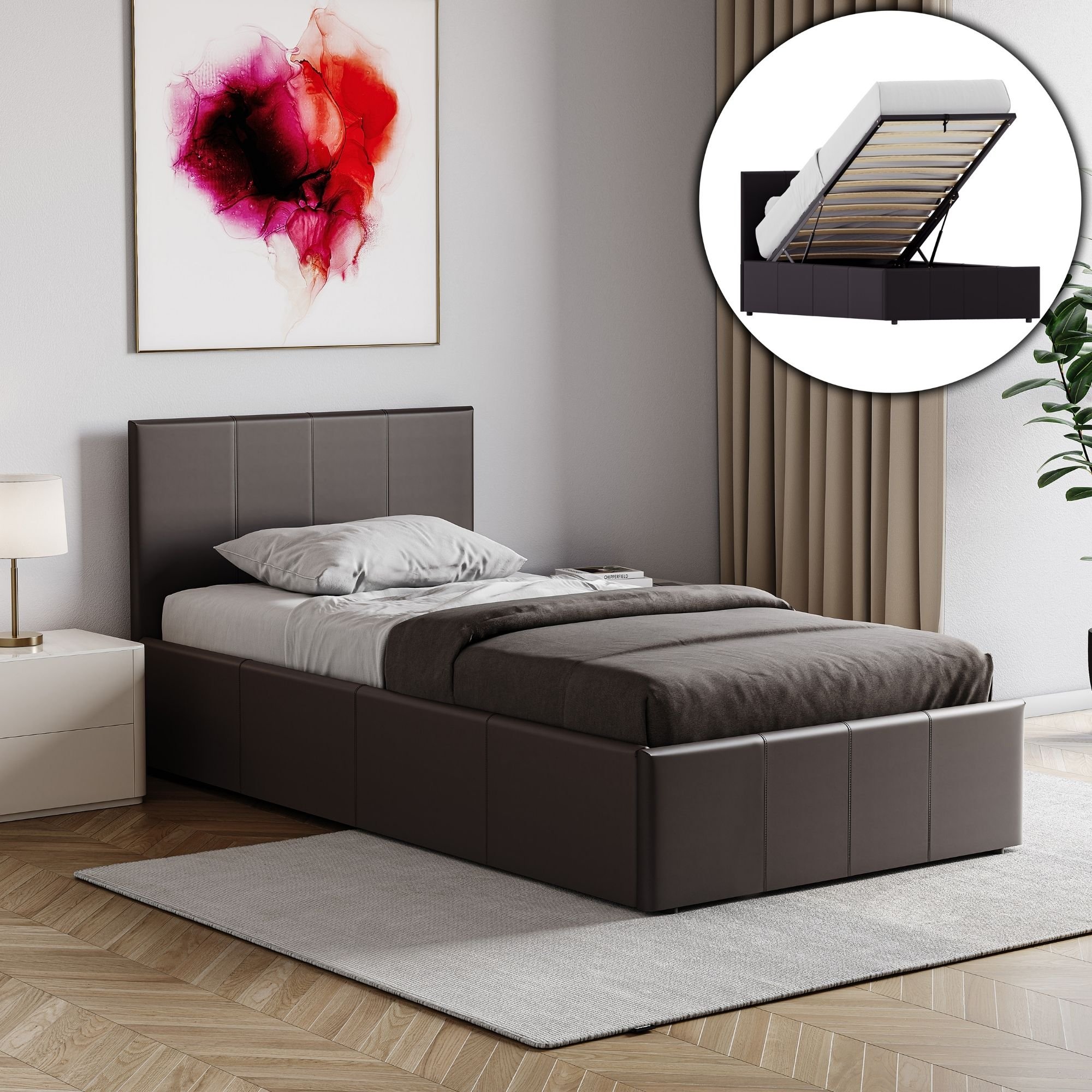 Vida Designs Lisbon Single Ottoman Faux Leather Bed With Foam Mattress - Brown