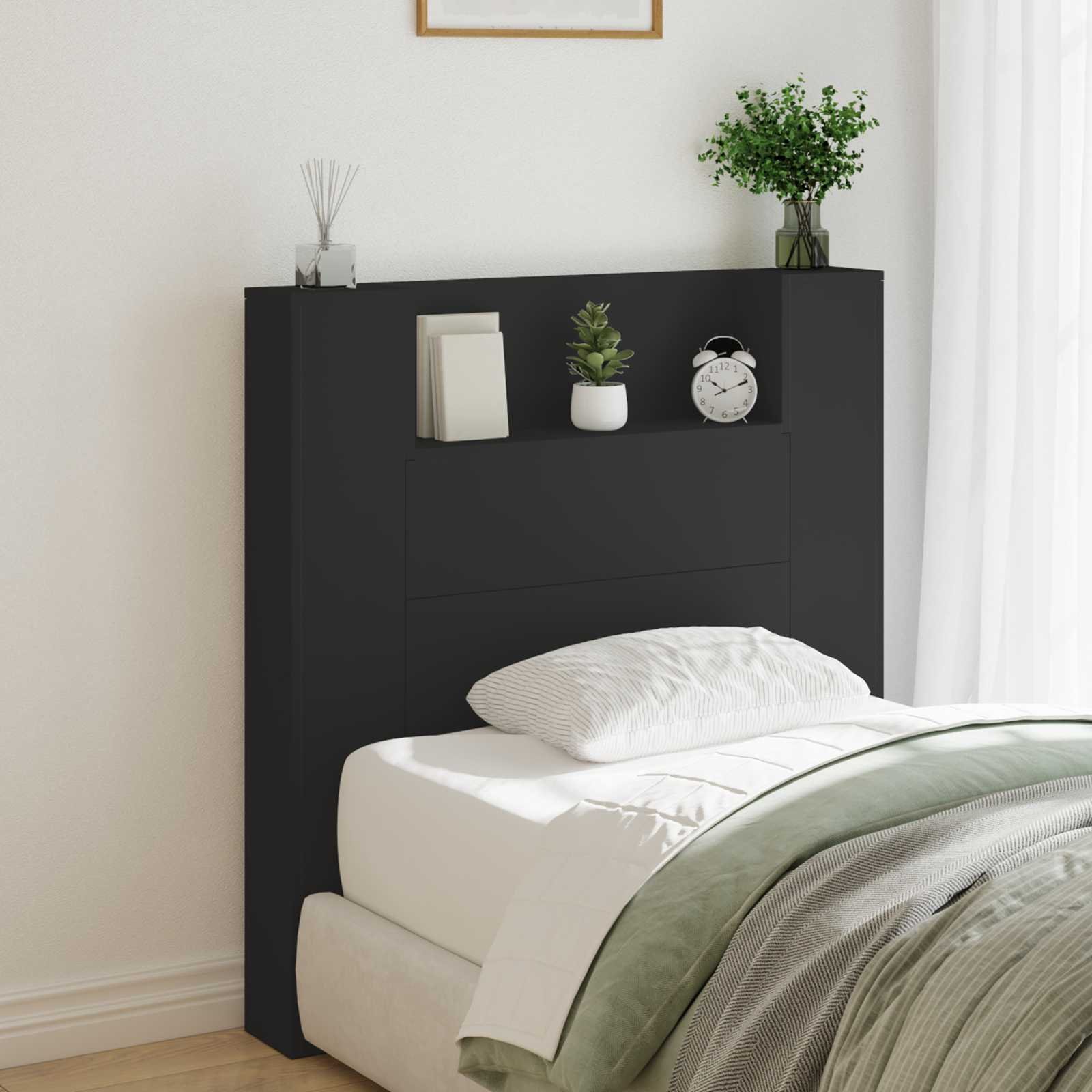 Walplus Engineered Wood LED Storage Headboard - Black - 100 x 16.5 x 103.5 cm