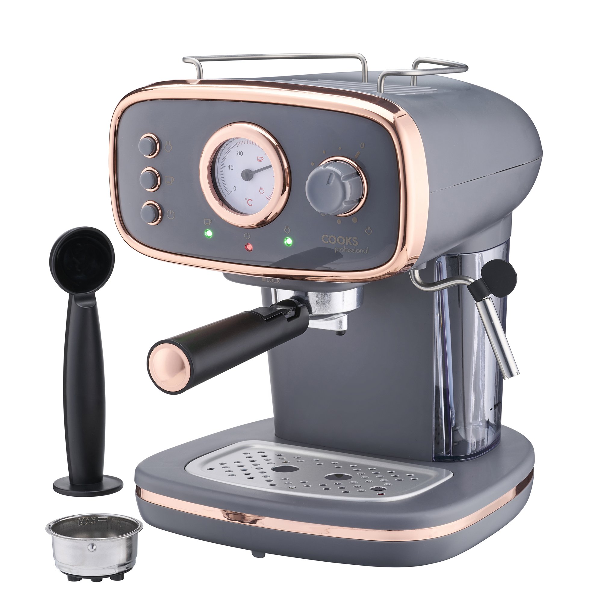 Cooks Professional Retro Espresso Machine 1.2L with Steam Wand - Grey/Copper