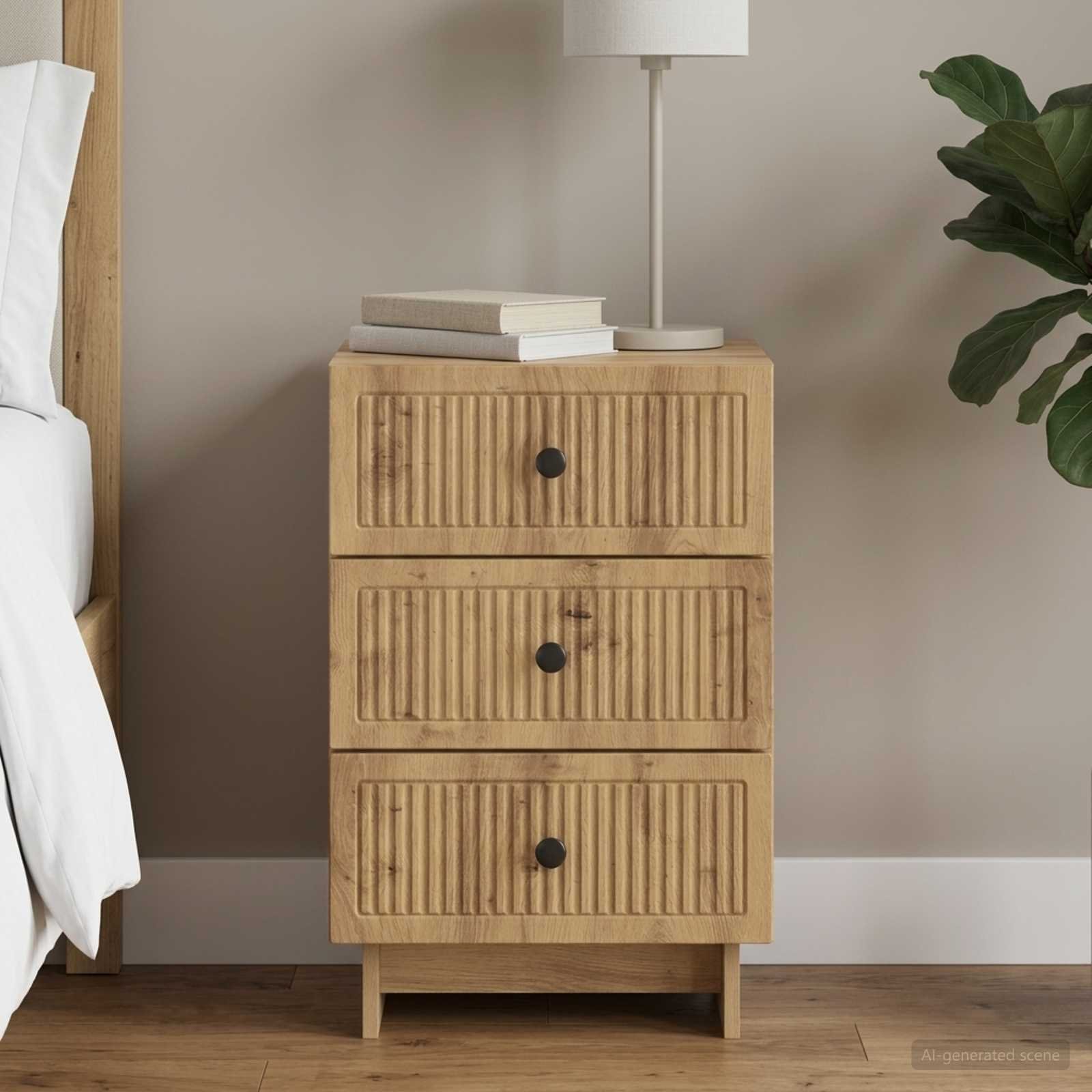 Walplus 3 Drawer Bedside Cabinet - Oak - 43 x 41 x 66.5 cm