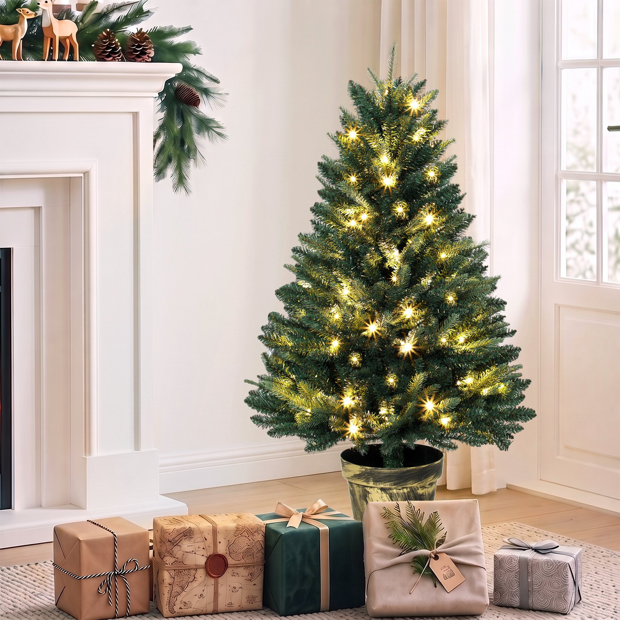 HOMCOM 4ft Realistic Prelit Artificial Christmas Tree - Green