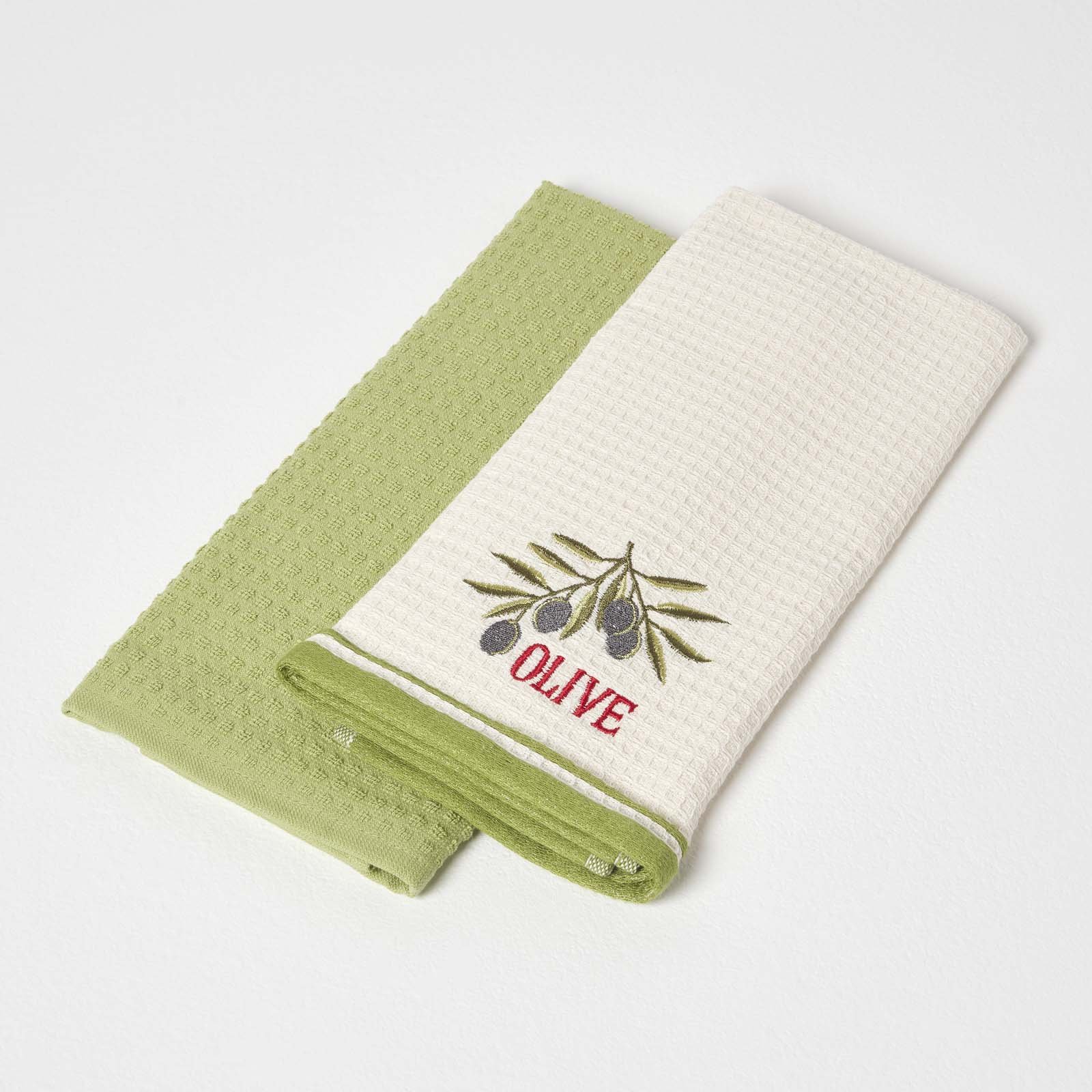 Homescapes Pack of 2 Olive Waffle Cotton Tea Towels - Green