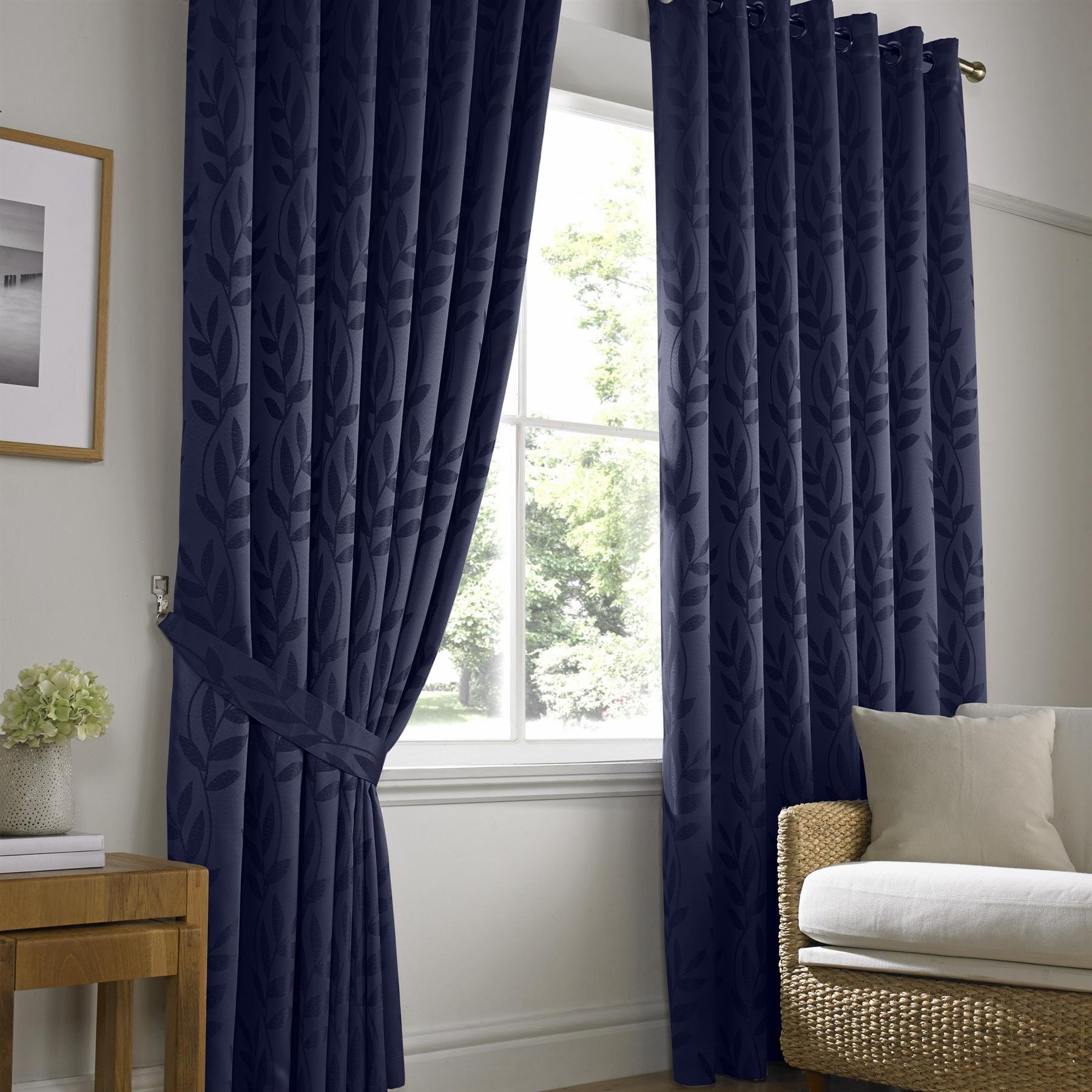 Luxury Living Jacquard Leaf Lined Eyelet Curtains 117cm x 137cm - Navy