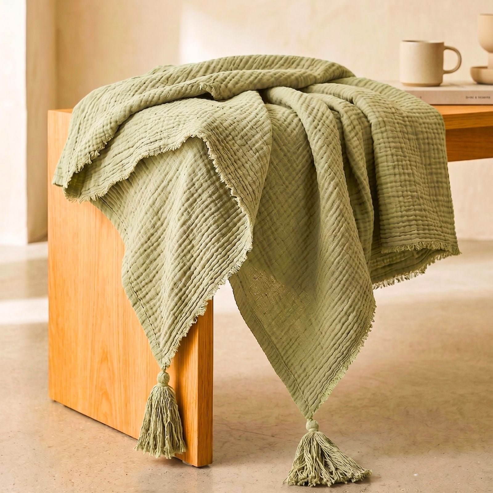 Homescapes Pure Handmade Cotton Muslin Throw - 127 x 180 cm - Sage Green