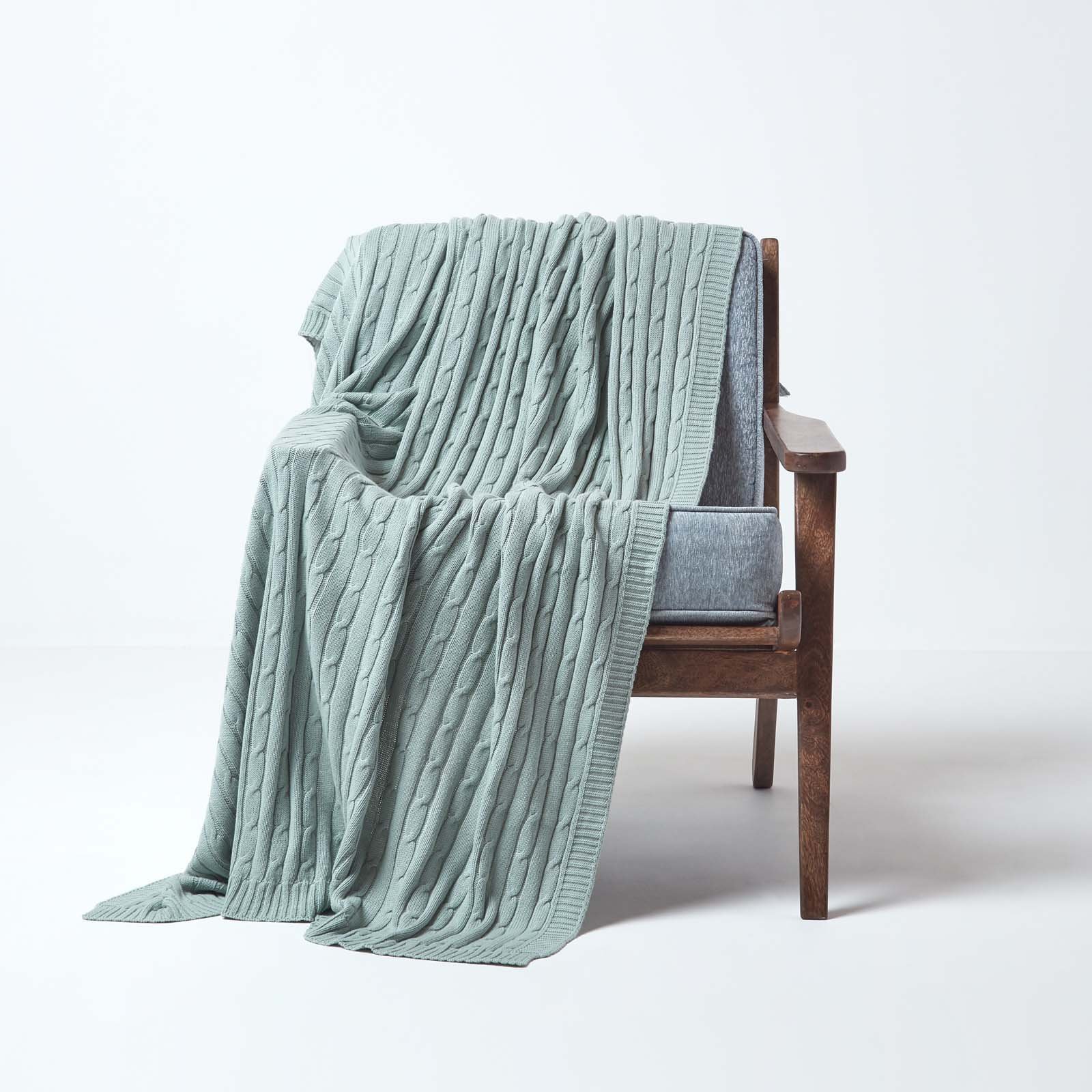 Homescapes Cotton Cable Knit Throw - 130 x 170 cm - Duck Egg