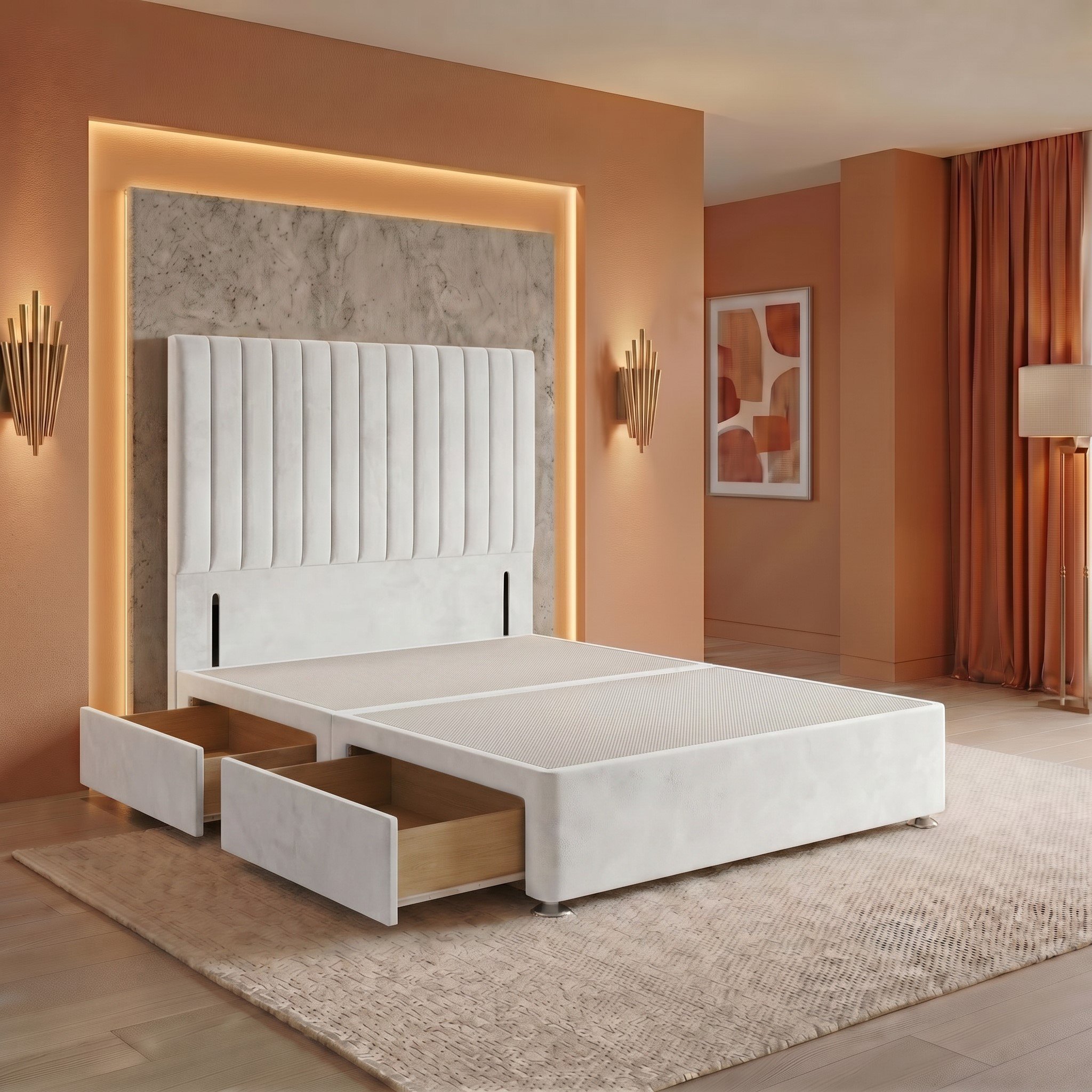 Somnior Heritage Velvet Small Double 2 Draw Divan Bed Base 54" Headboard - White