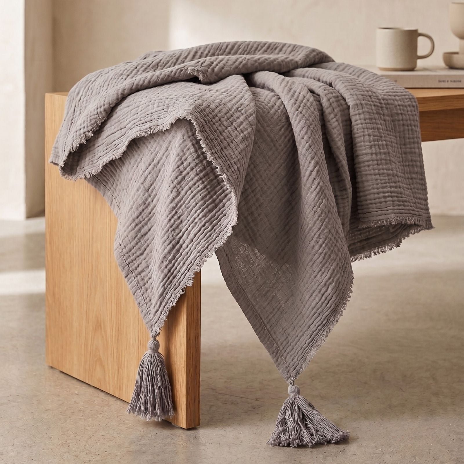 Homescapes Pure Handmade Cotton Muslin Throw - 127 x 180 cm - Charcoal