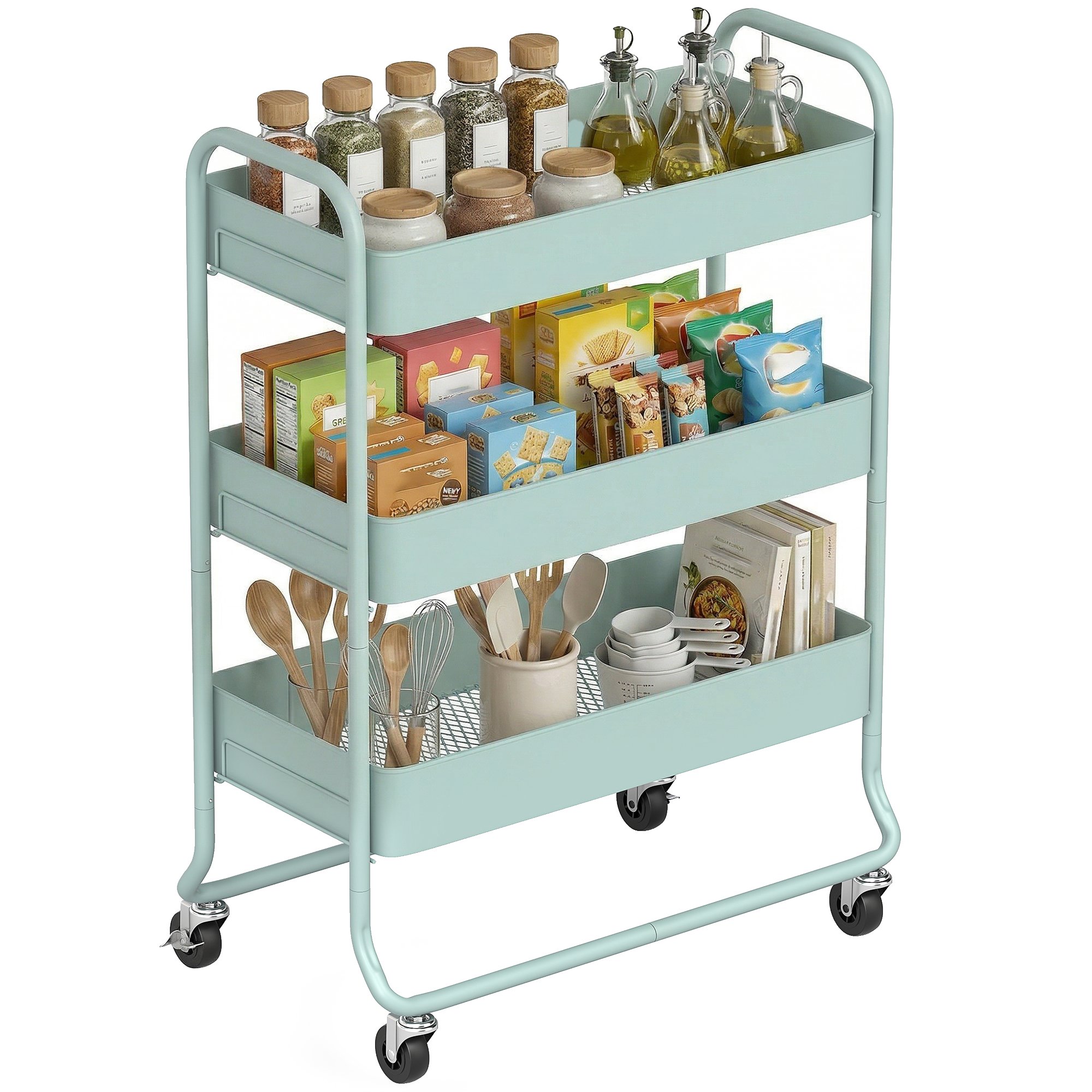 HOMCOM 3 Tier Metal Storage Trolley with Mesh Backets - Light Green