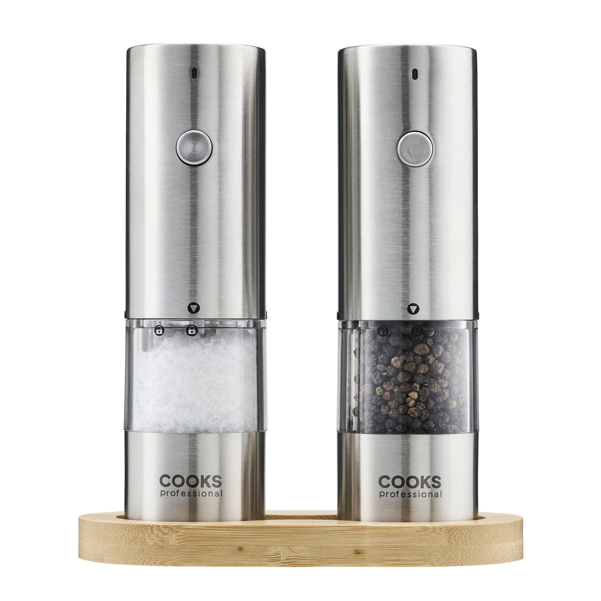Cooks Professional Rechargeable Salt & Pepper Mill Set with Base - Silver